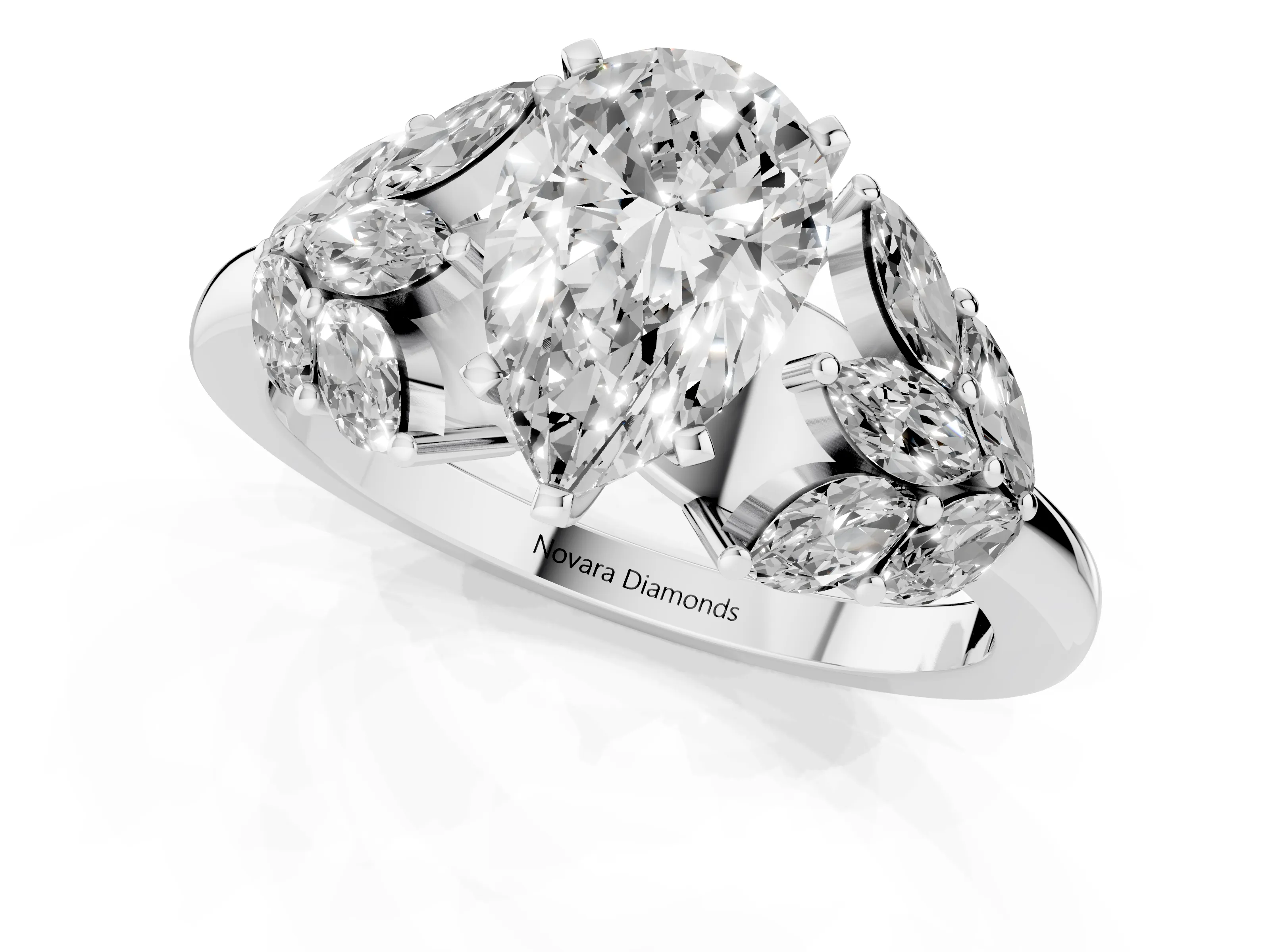 Pear Cut Diamond Cluster Leaf Design Ring Set in Platinum with Prong Setting