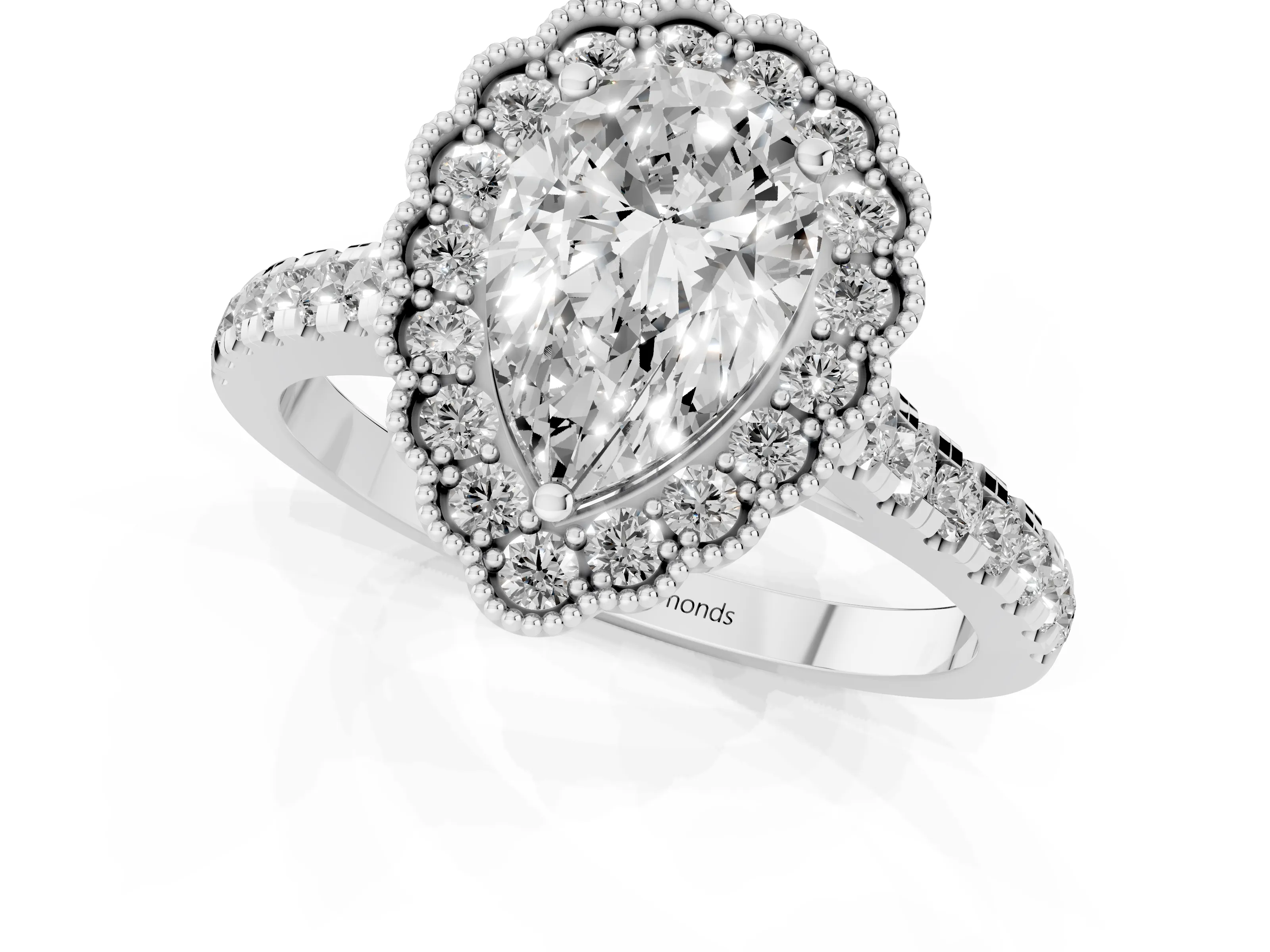 Pear Cut Diamond Milgrain Floral Halo Engagement Ring Set in White gold with Pavé Band