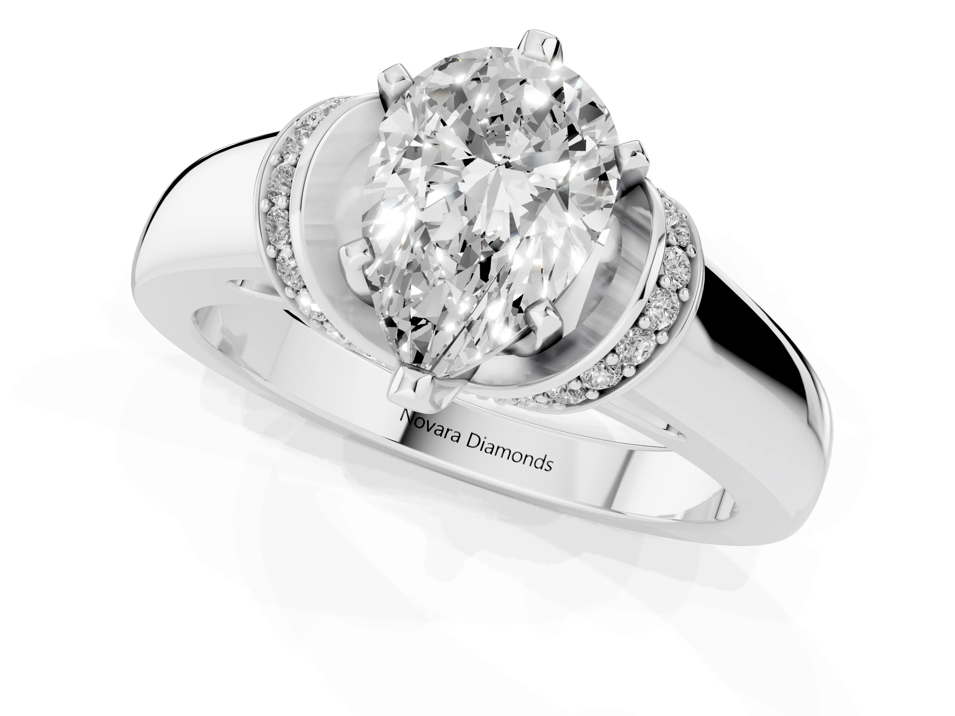 Pear Cut Diamond Pavé Band Solitaire Ring Set in Platinum with Prong Setting
