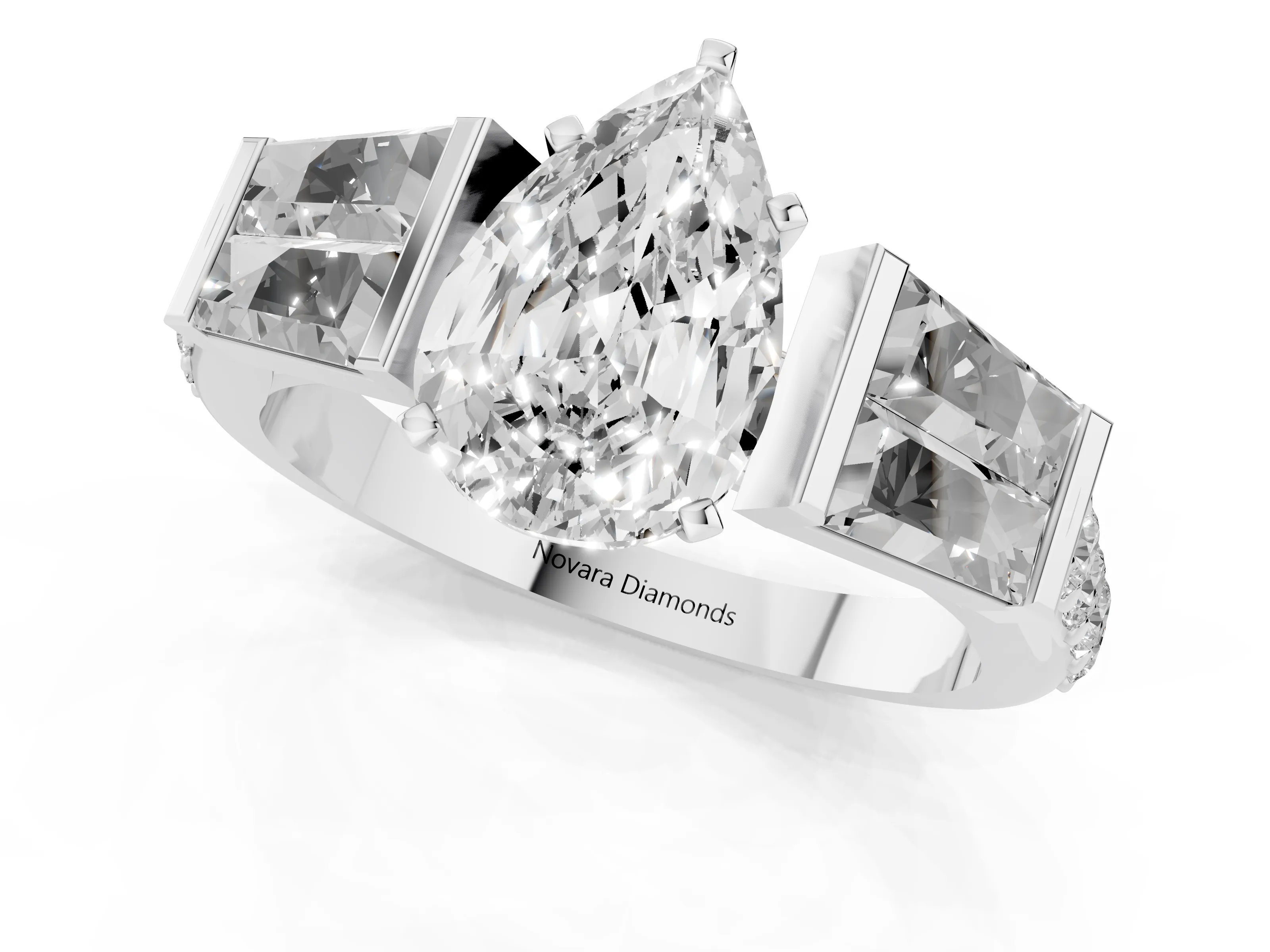 Pear Cut Diamond Engagement Ring Set in White gold with Baguette Side Stones and Channel Set Band