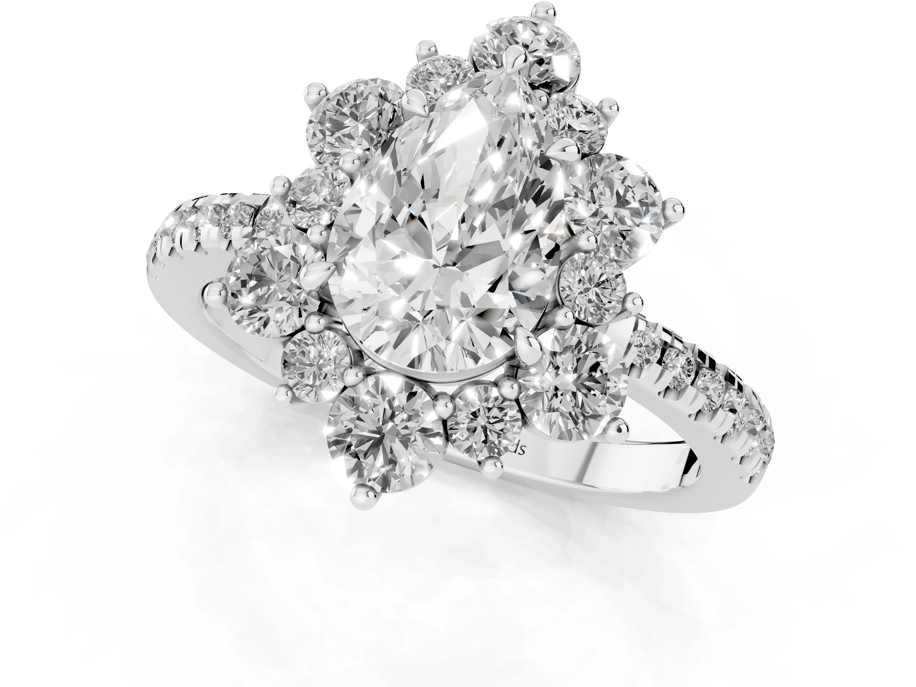Pear Cut Diamond Floral Halo Ring Set in White gold with Round Pavé Band and Prong Setting
