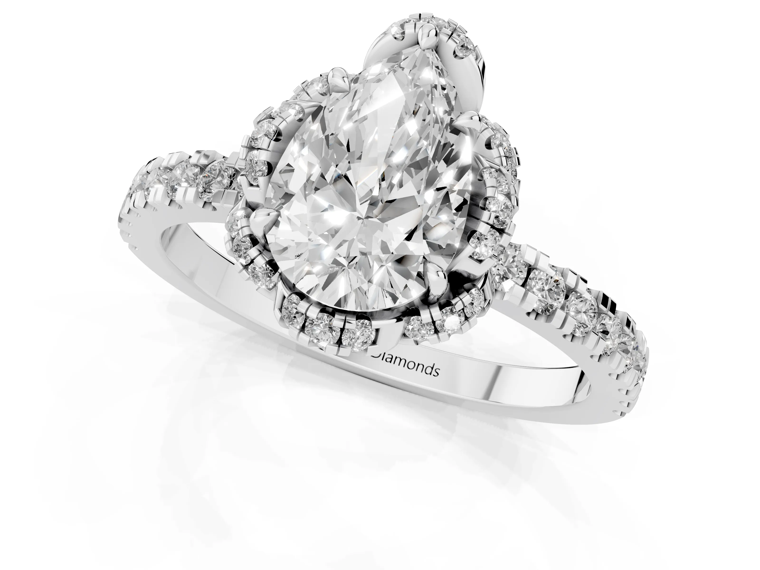 Pear Cut Diamond Halo Pavé Band Ring Set in Silver with Prong-Held Center