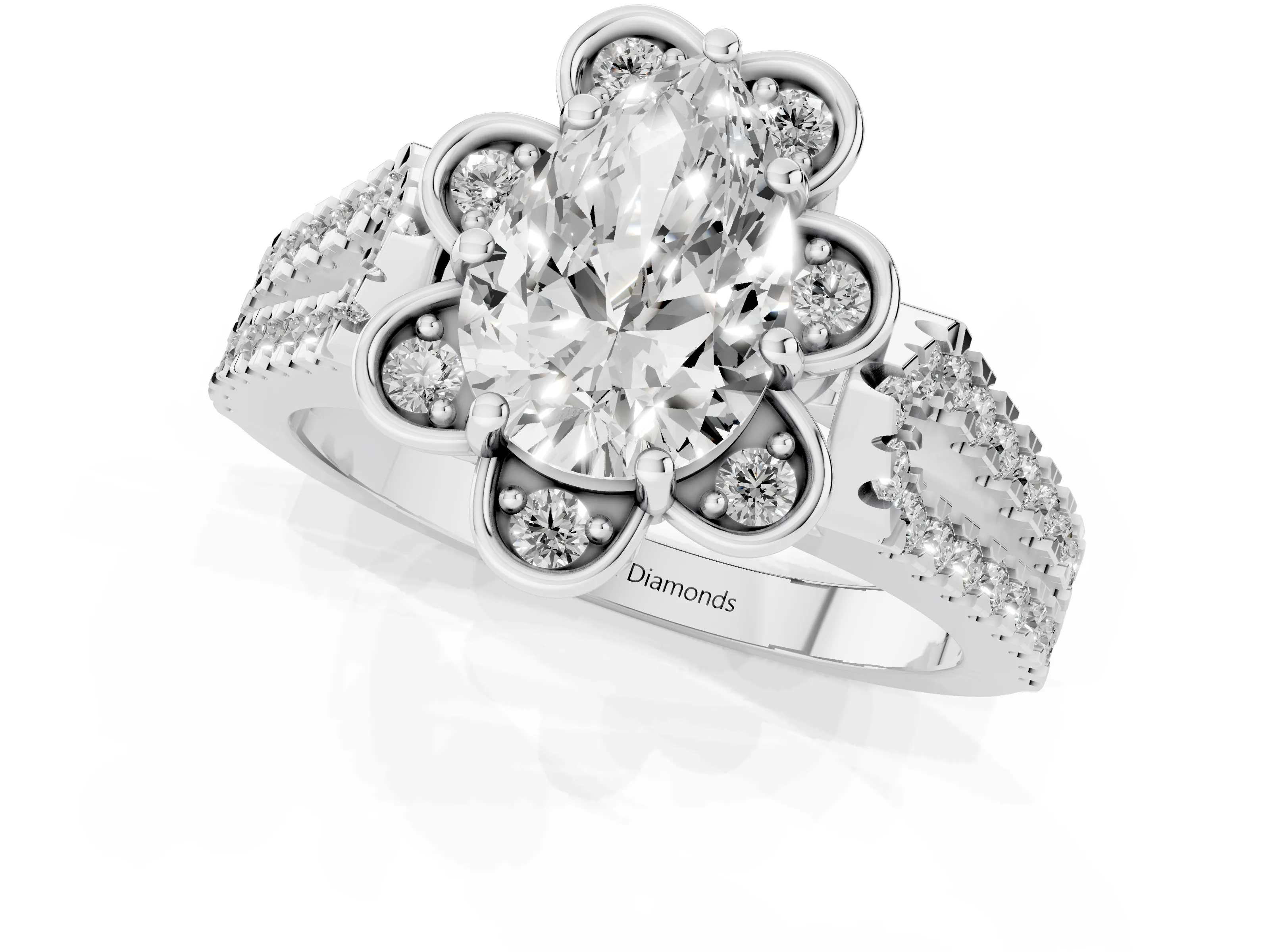 Pear Cut Diamond Floral Halo Split Shank Engagement Ring Set in Platinum with Pavé Shank – second view