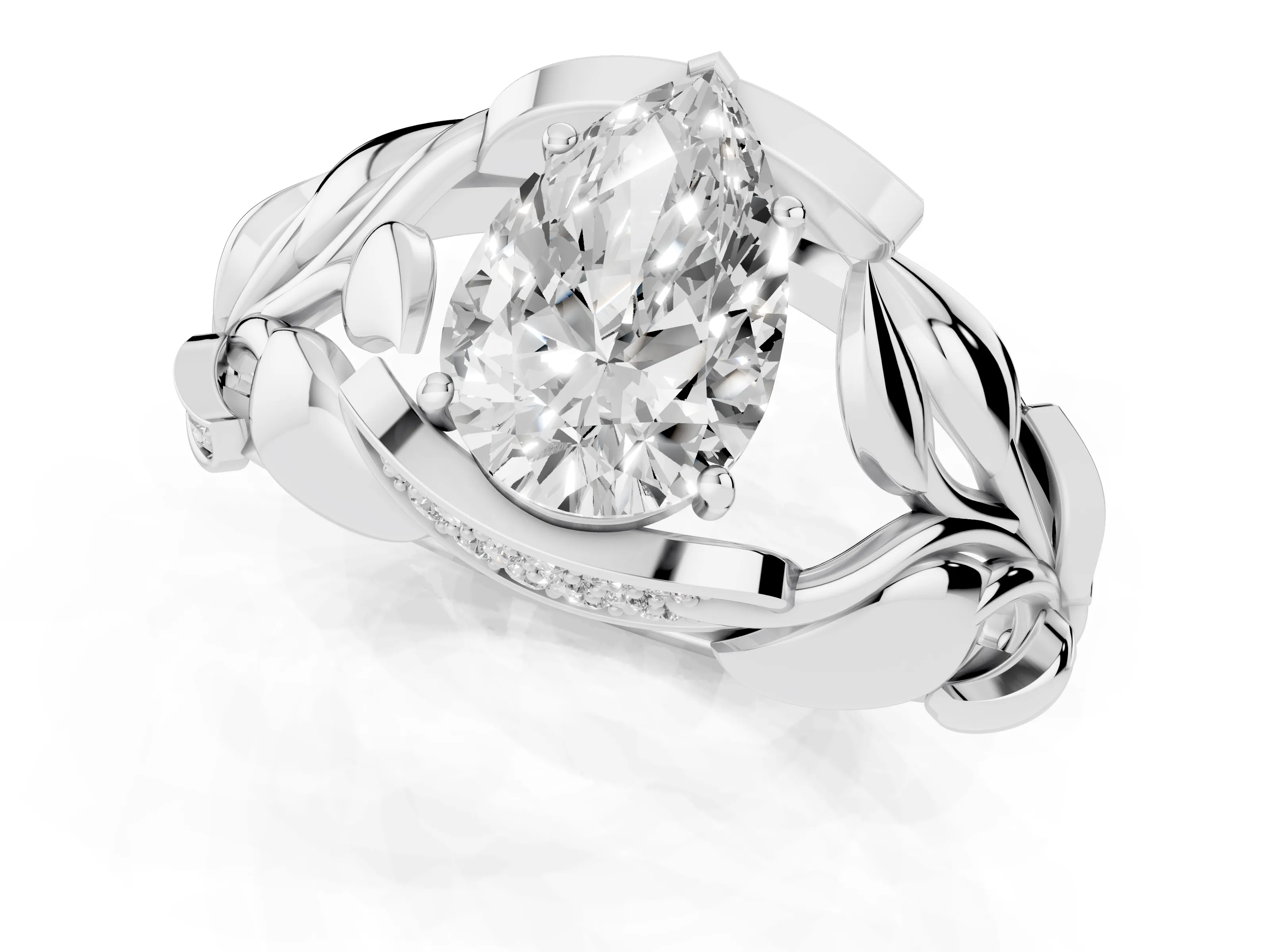 Pear Cut Diamond Leaf-Inspired Engagement Ring Set in Platinum with Round Accents – second view