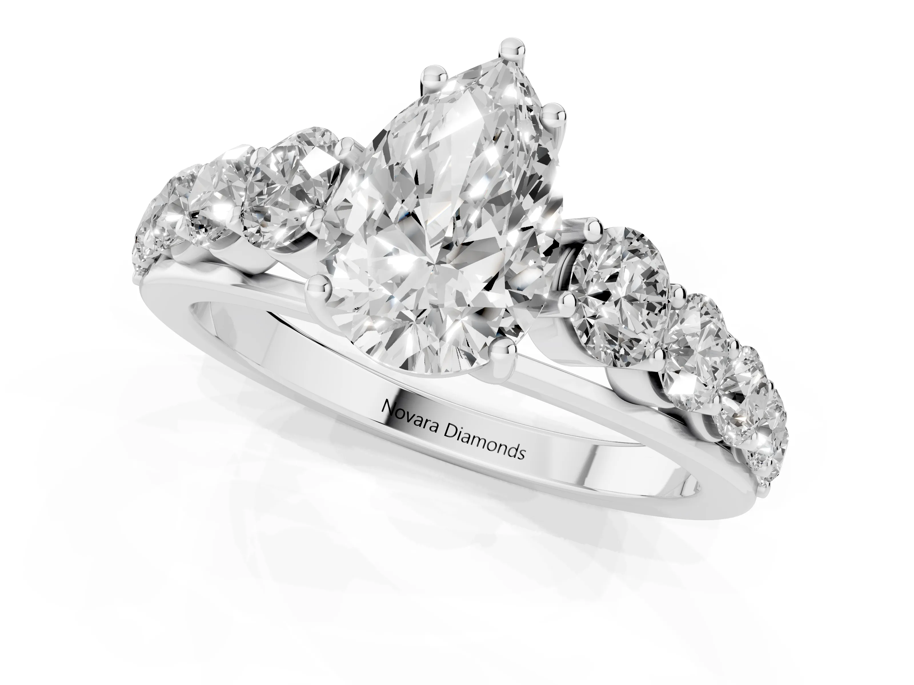 Pear Cut Diamond Solitaire Ring Set in White gold with Pavé-Set Band and Prong Setting