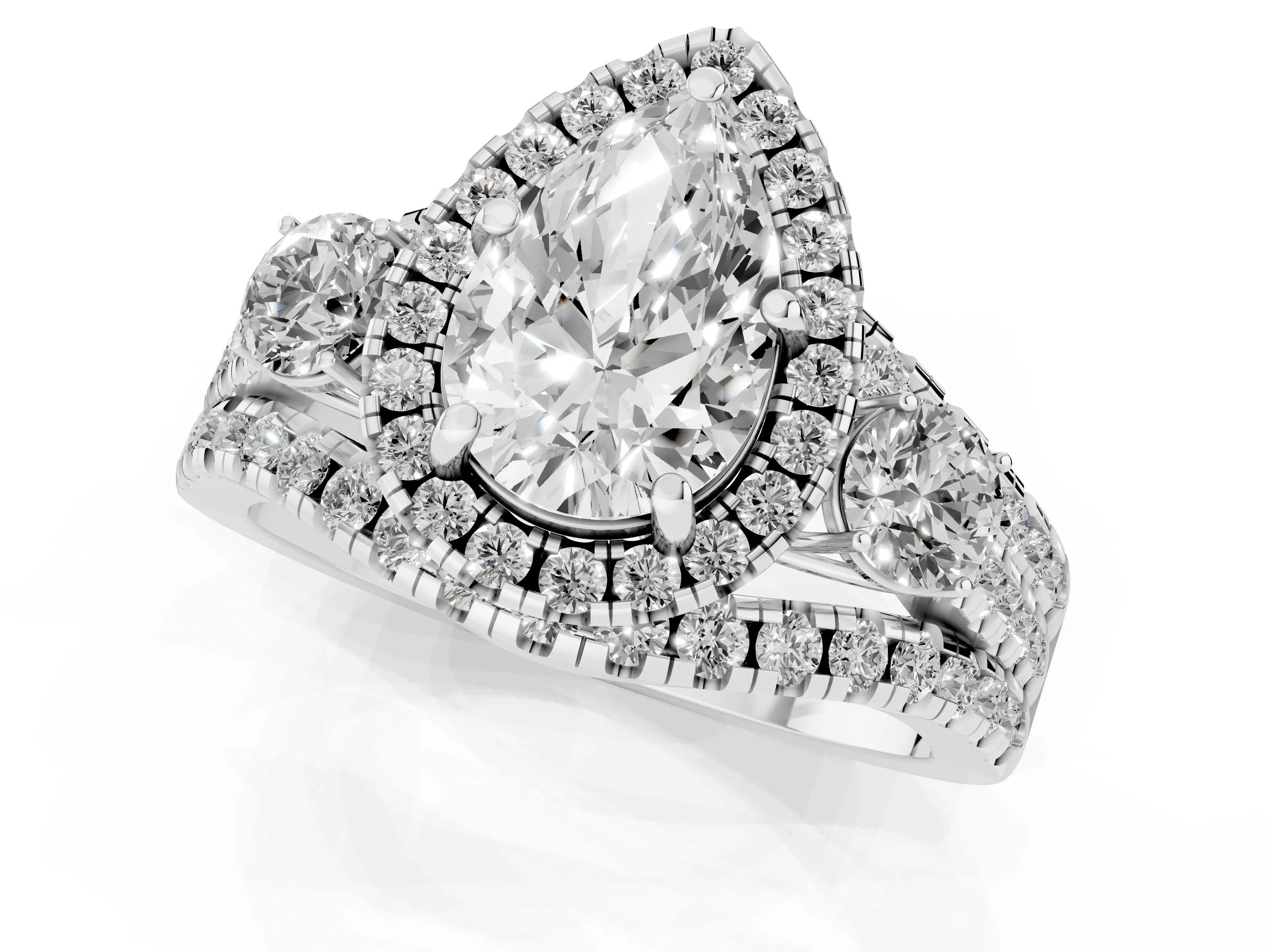 Pear Cut Diamond Halo Split Shank Ring Set in Silver with Round Accent Stones and Prong Setting