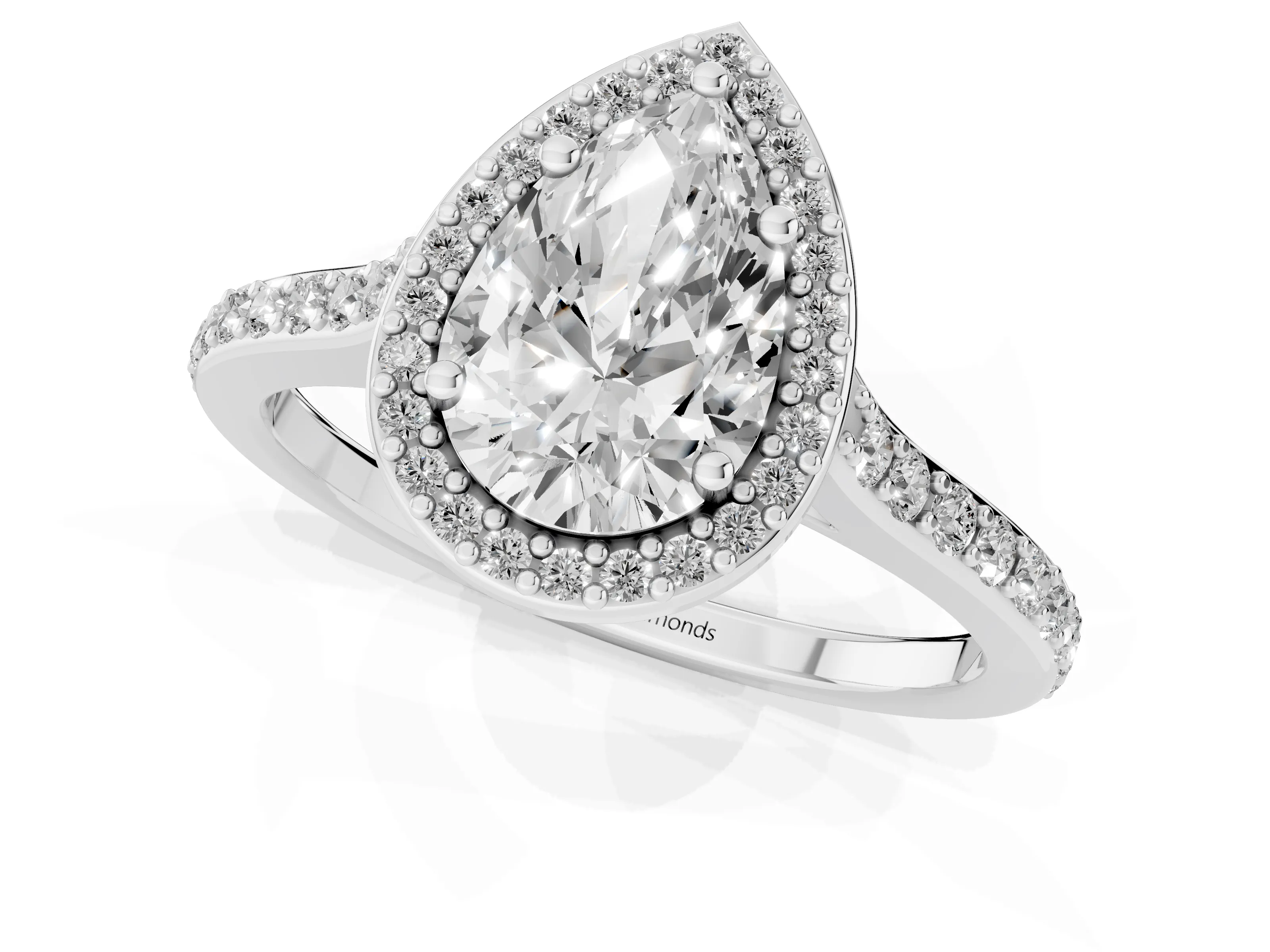 Pear Cut Diamond Halo Engagement Ring Set in White gold with Round Pavé Shoulders and Heart Gallery