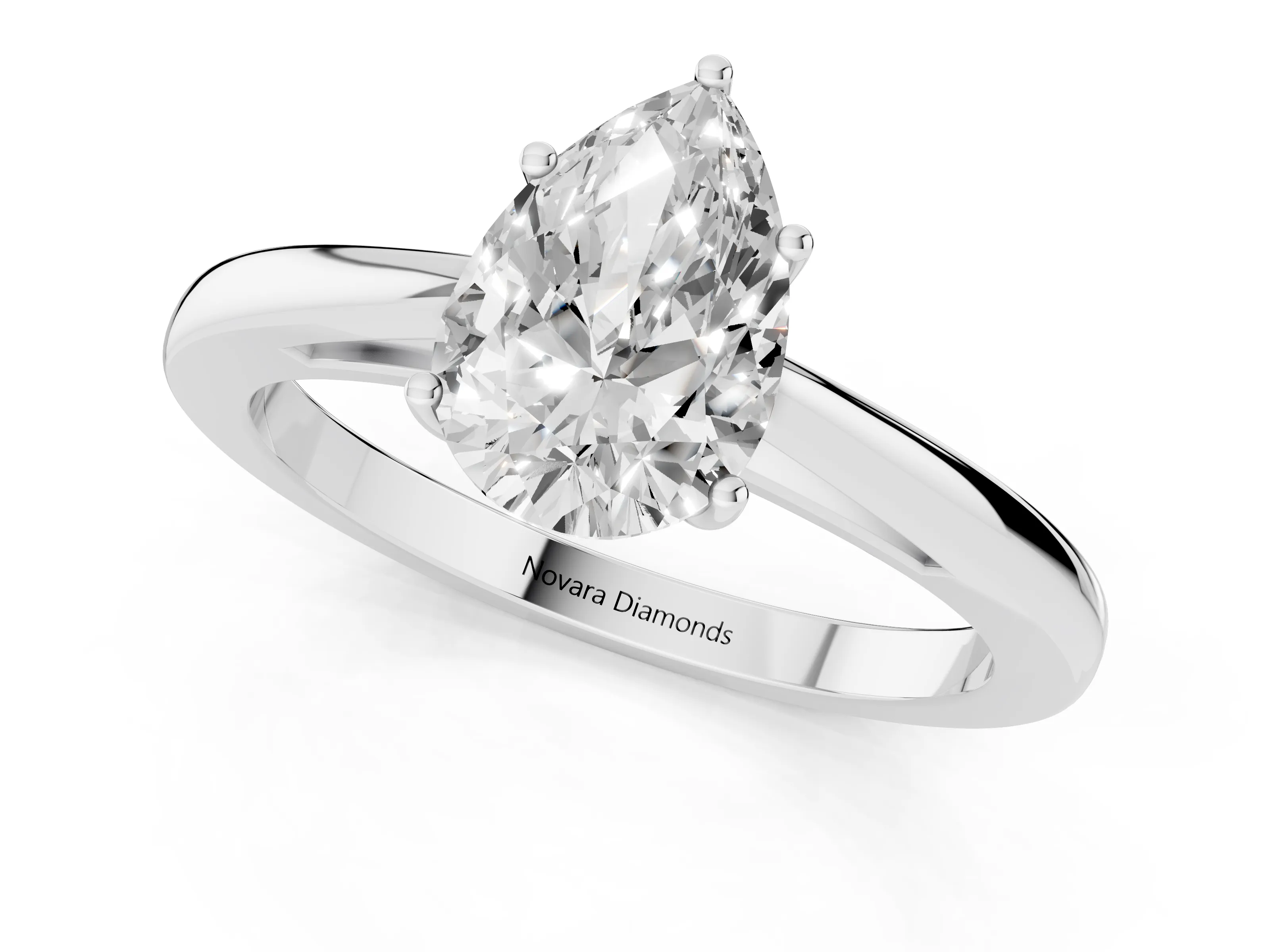 Pear Cut Diamond Solitaire Ring Set in White gold with Split Shank and Prong Setting
