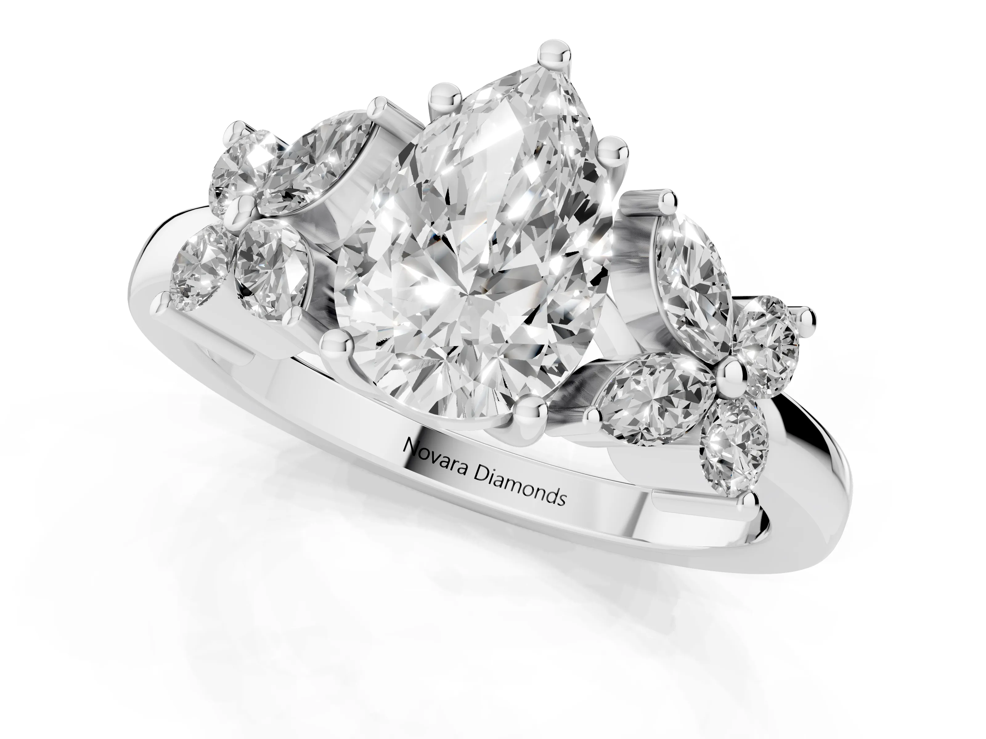 Pear Cut Diamond Floral Cluster Ring Set in Silver with Marquise Petals and Prong Setting