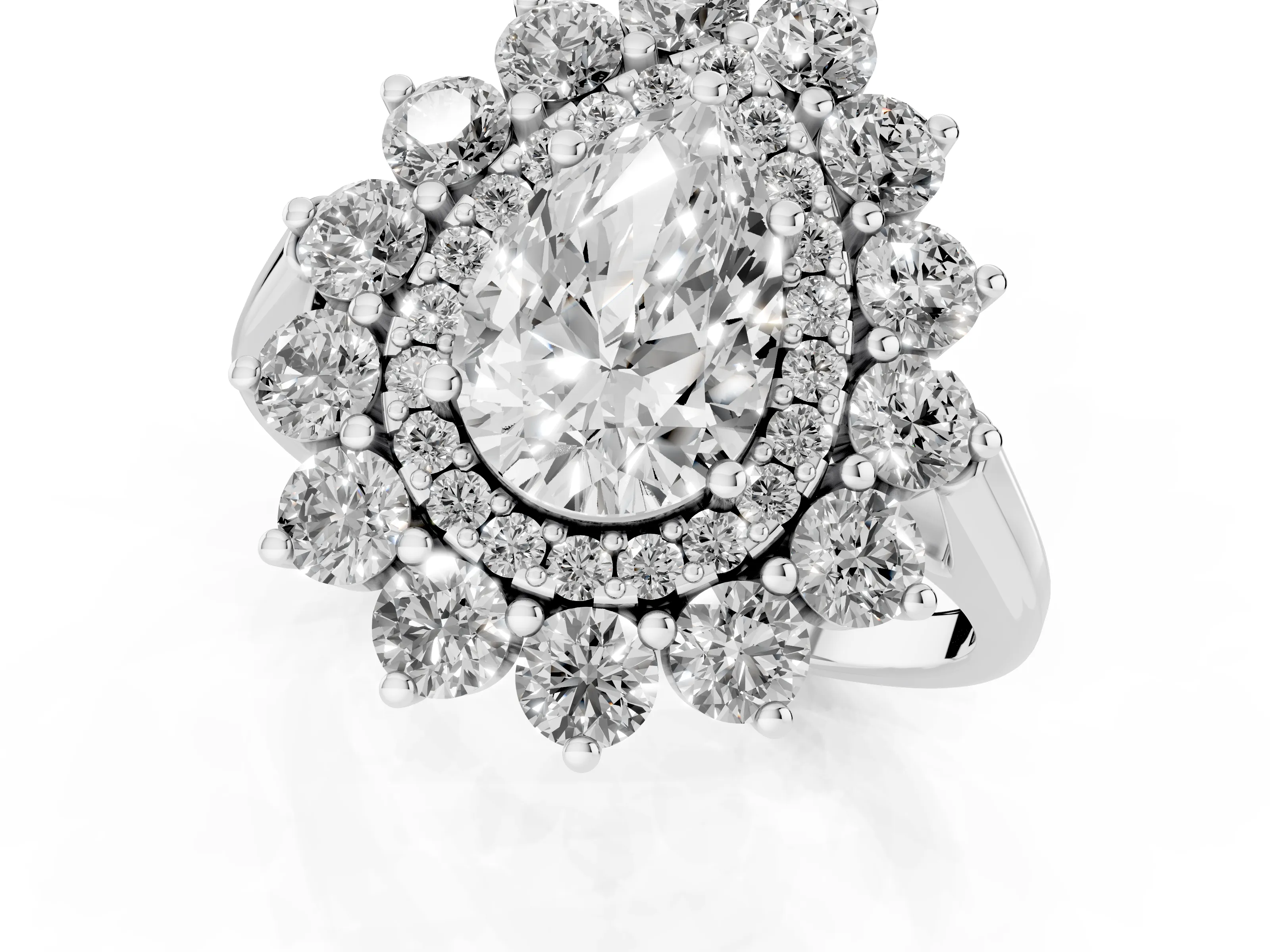 Pear Cut Diamond Floral Double Halo Ring Set in White gold with Round Petals