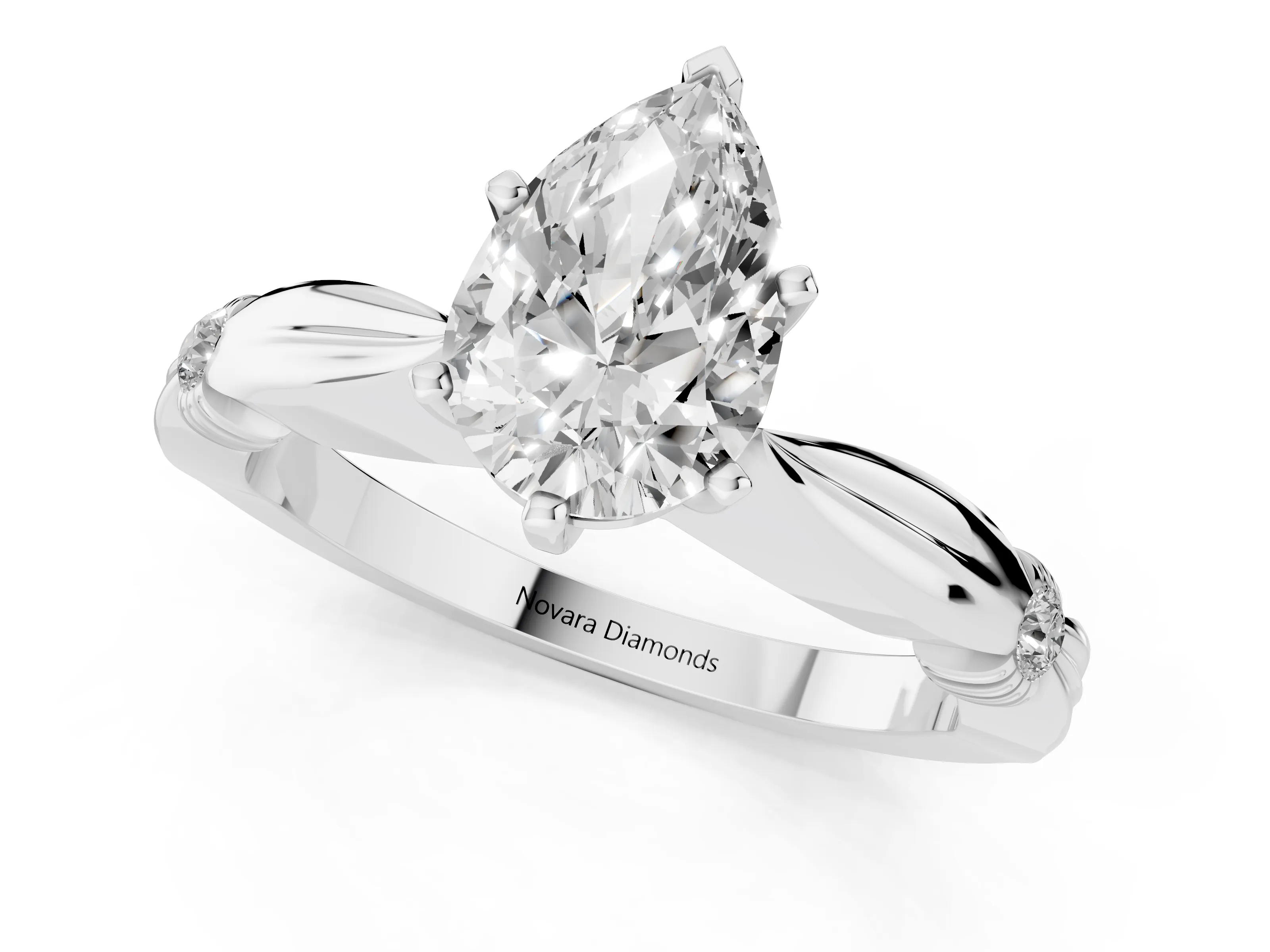Pear Cut Diamond Solitaire Twisted Band Ring Set in Platinum with Accent Stones and Prong Setting – second view