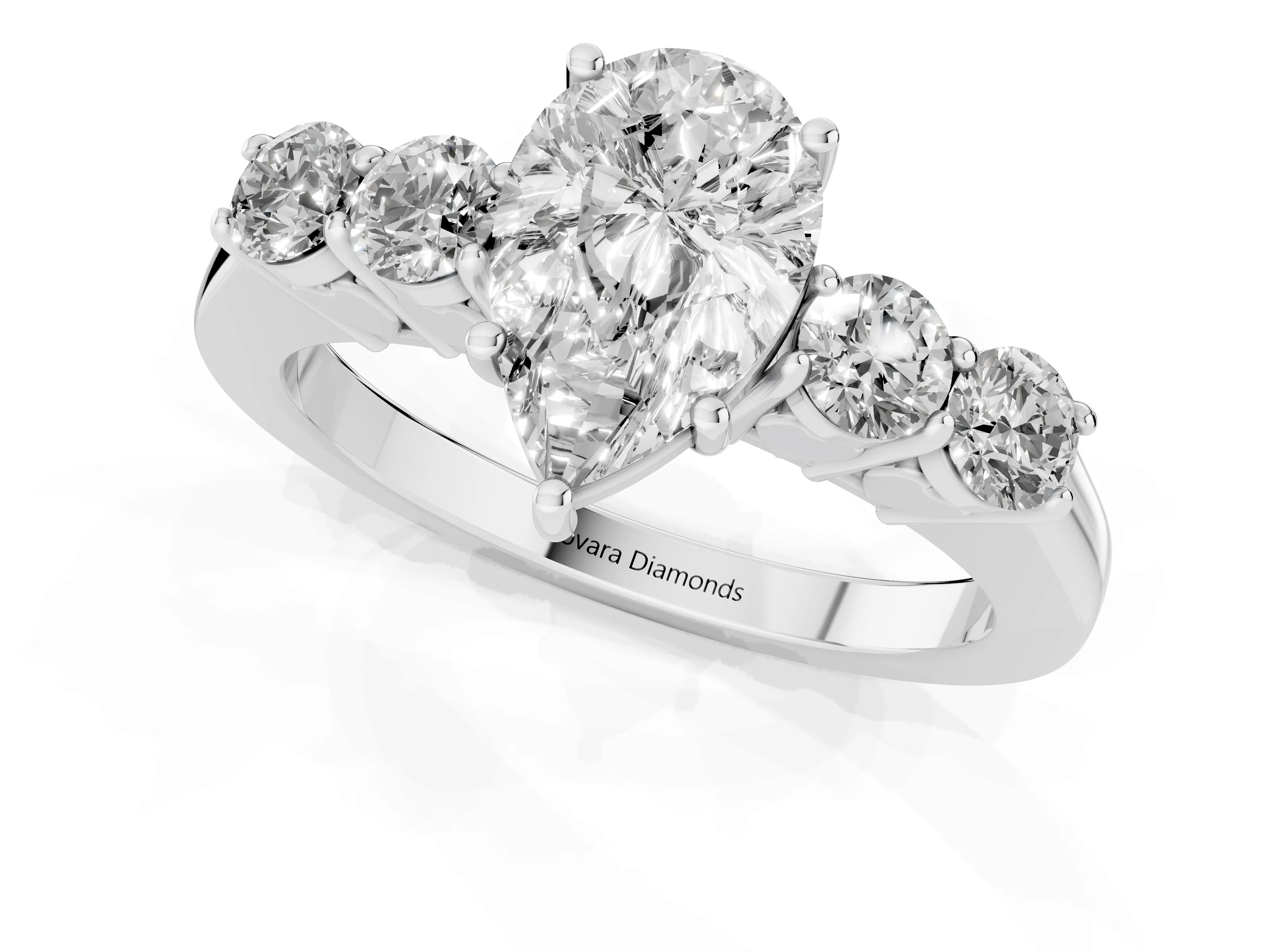 Pear Cut Diamond Five-Stone Prong Set Band Ring Set in White gold with Polished Band