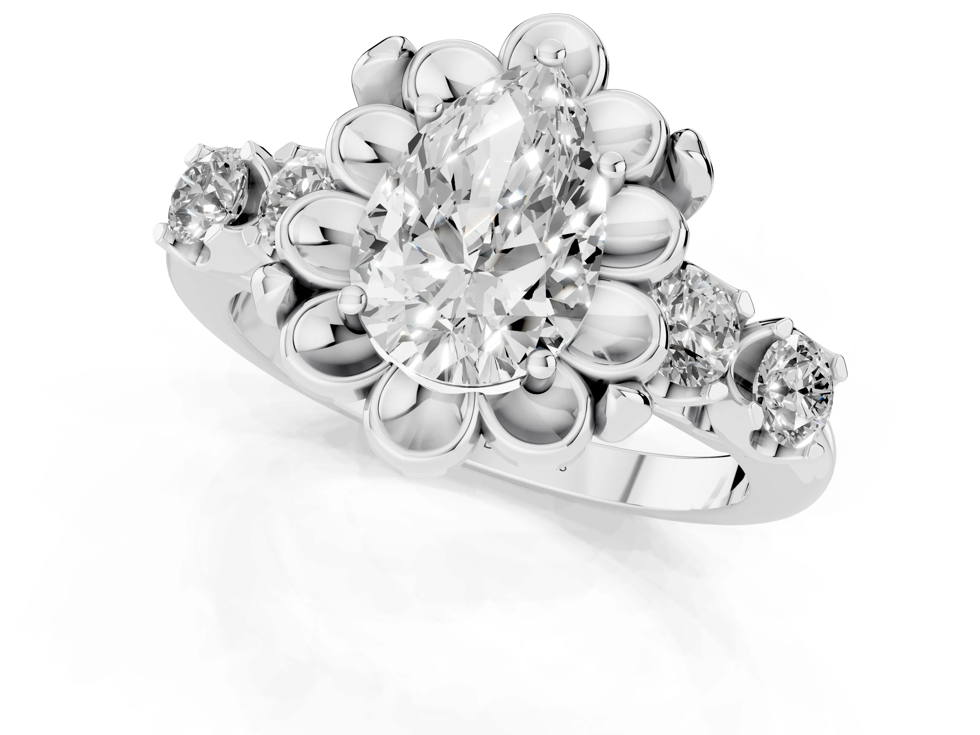 Pear Cut Diamond Floral Halo Ring Set in Silver with Shared Prong Band