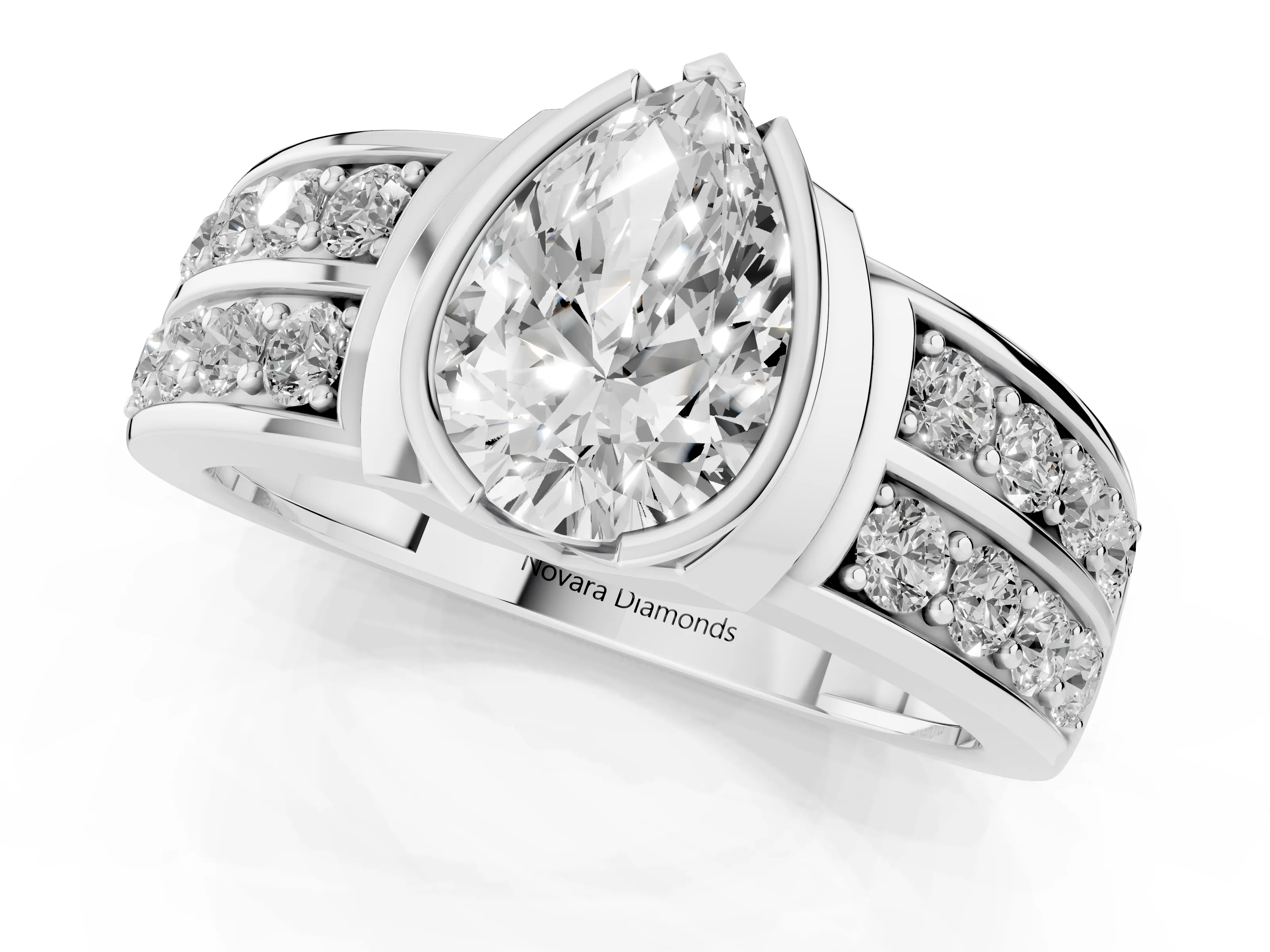 Pear Cut Diamond Wide Channel Set Band Ring Set in White gold with Bezel Setting