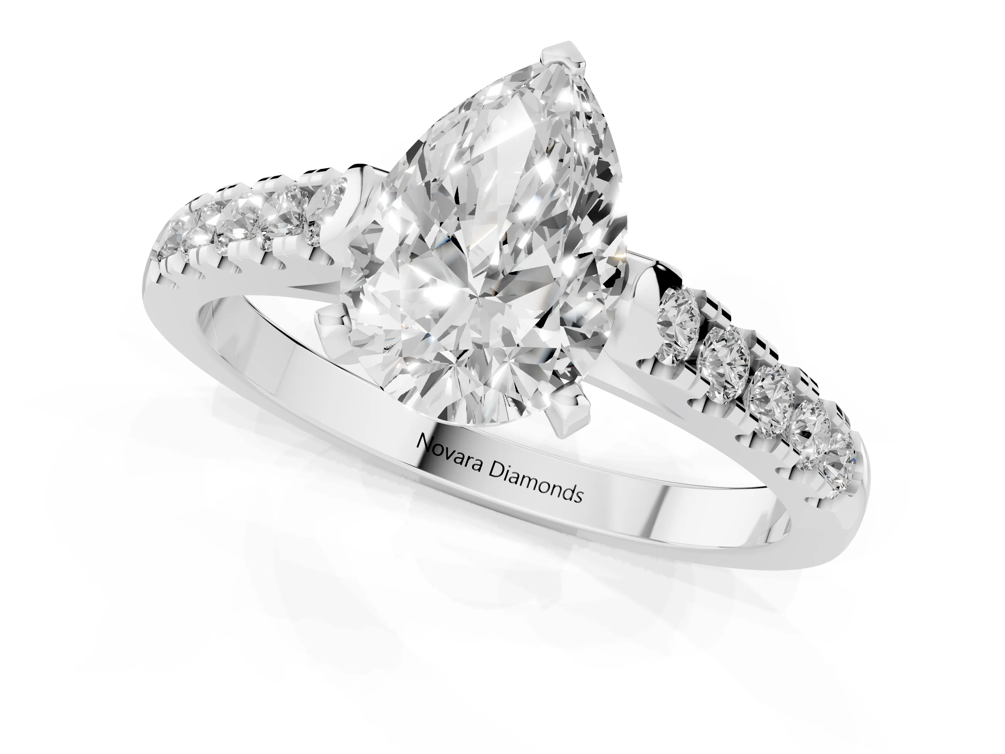 Pear Cut Diamond Pavé Band Solitaire Ring Set in White gold with Partway Accent Stones and Prong Setting