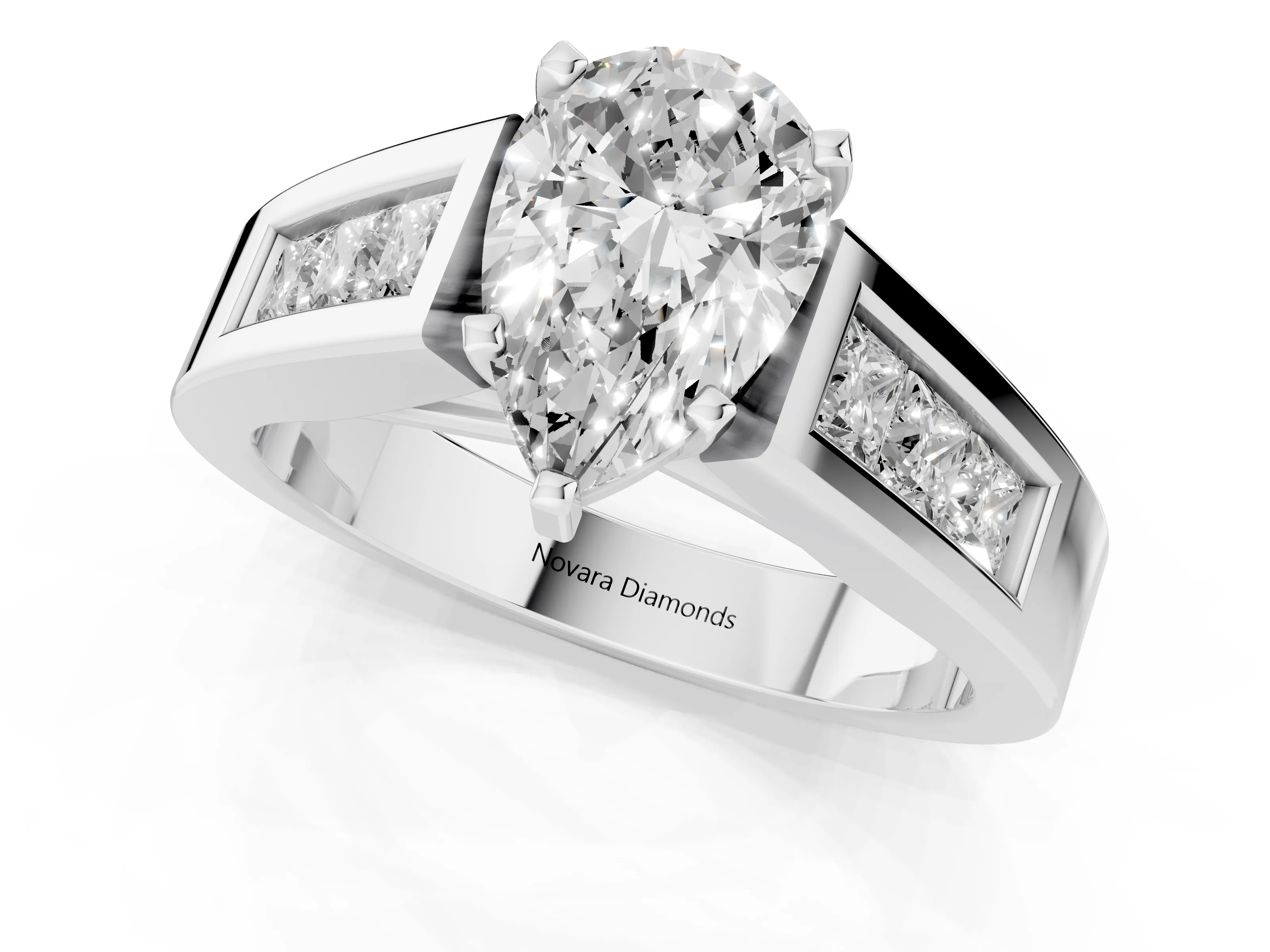 Pear Cut Diamond Solitaire Ring Set in Platinum with Channel-Set Accent Stones and Prong Setting – second view