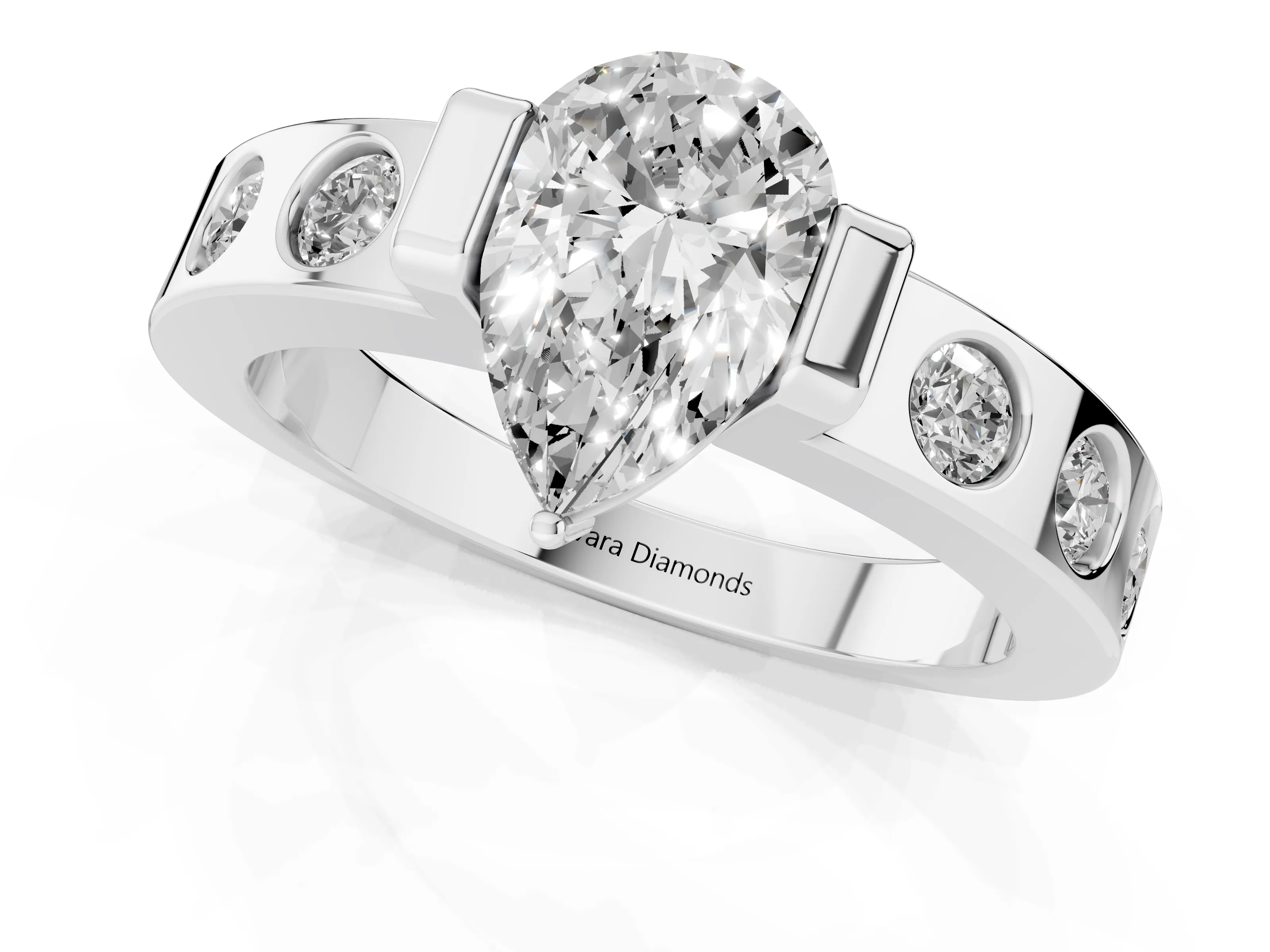 Pear Cut Diamond Channel-Set Band Ring Set in Silver with Bezel Prong Setting