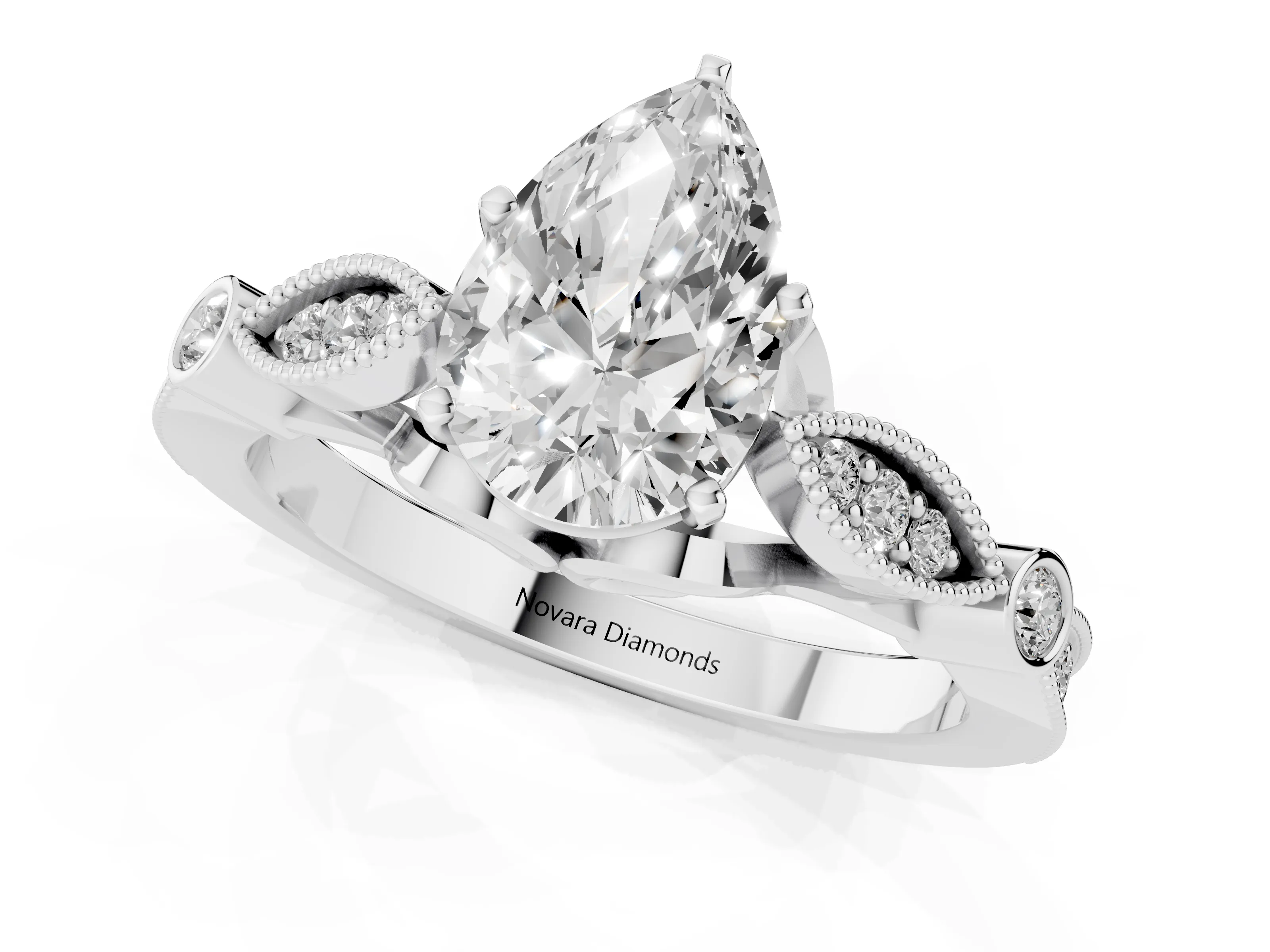 Pear Cut Diamond Solitaire Ring Set in Platinum with Milgrain Marquise and Bezel Accents – second view