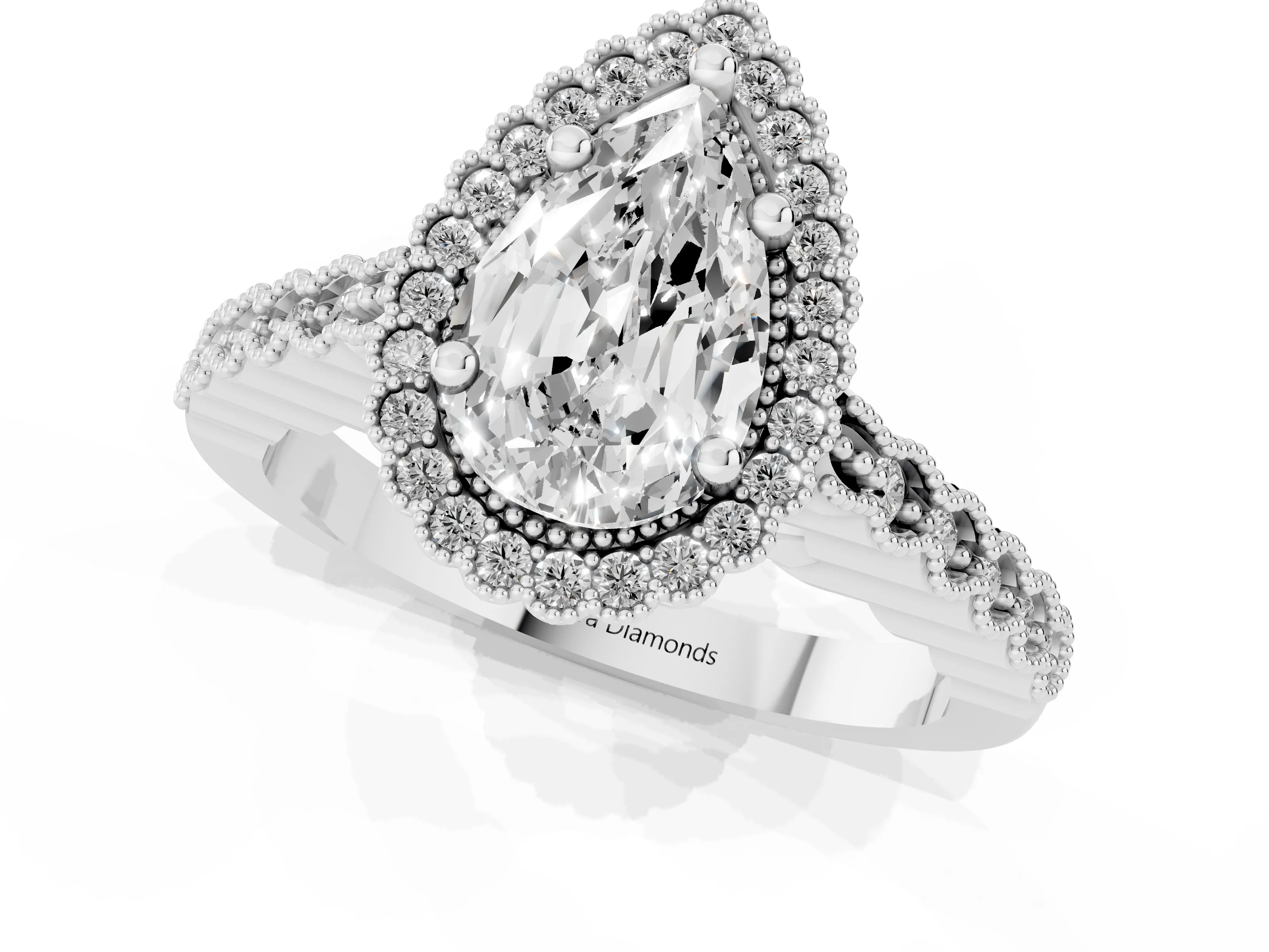 Pear Cut Diamond Halo Ring Set in Platinum with Pavé Milgrain Band