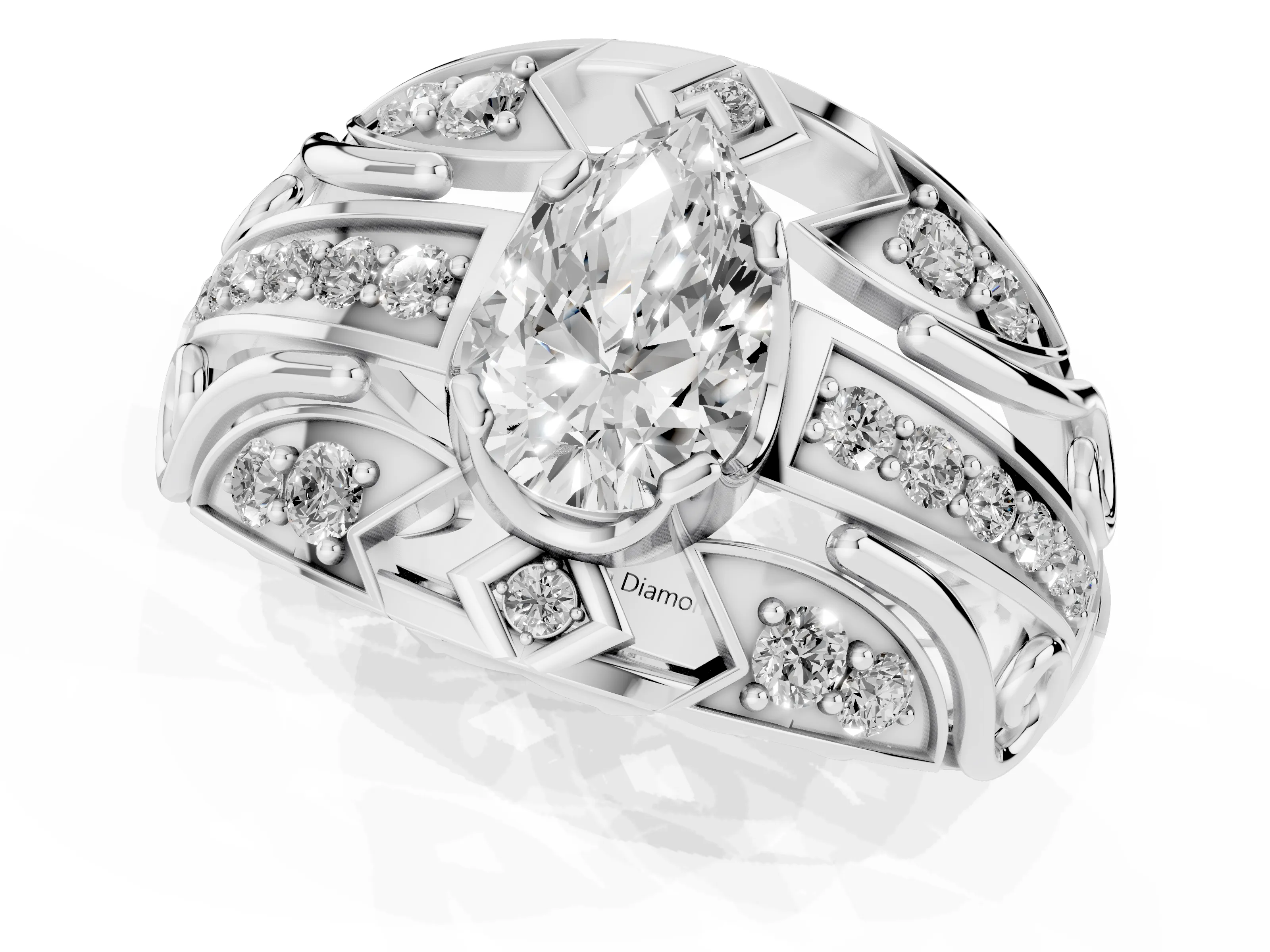 Pear Cut Diamond Art Deco Ring Set in Platinum with Pavé Split Shank