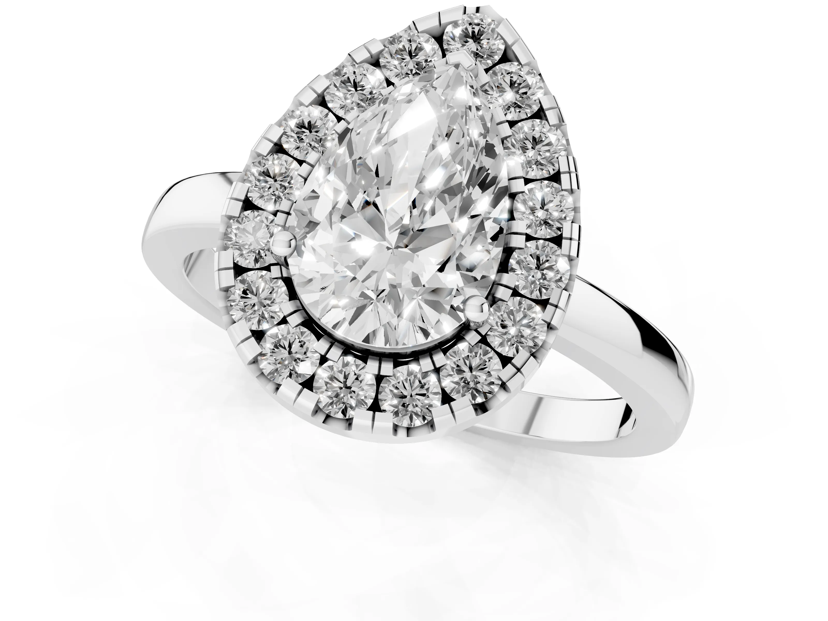 Pear Cut Diamond Halo Solitaire Ring Set in White gold with Pavé Band and Prong Setting