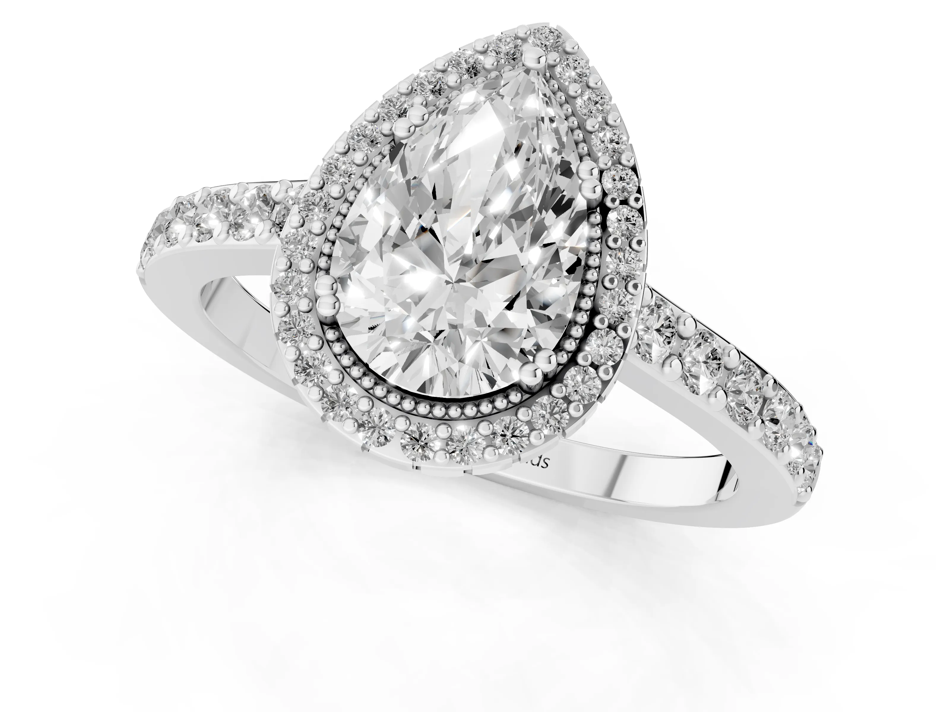 Pear Cut Diamond Halo Engagement Ring Set in Silver with Milgrain Detail and Pavé Band