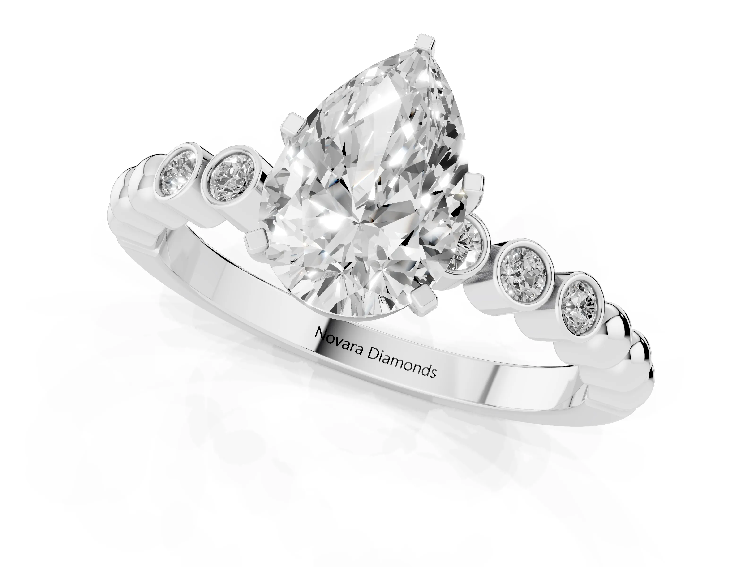 Pear Cut Diamond Solitaire Engagement Ring Set in Platinum with Bezel Accents on Beaded Band