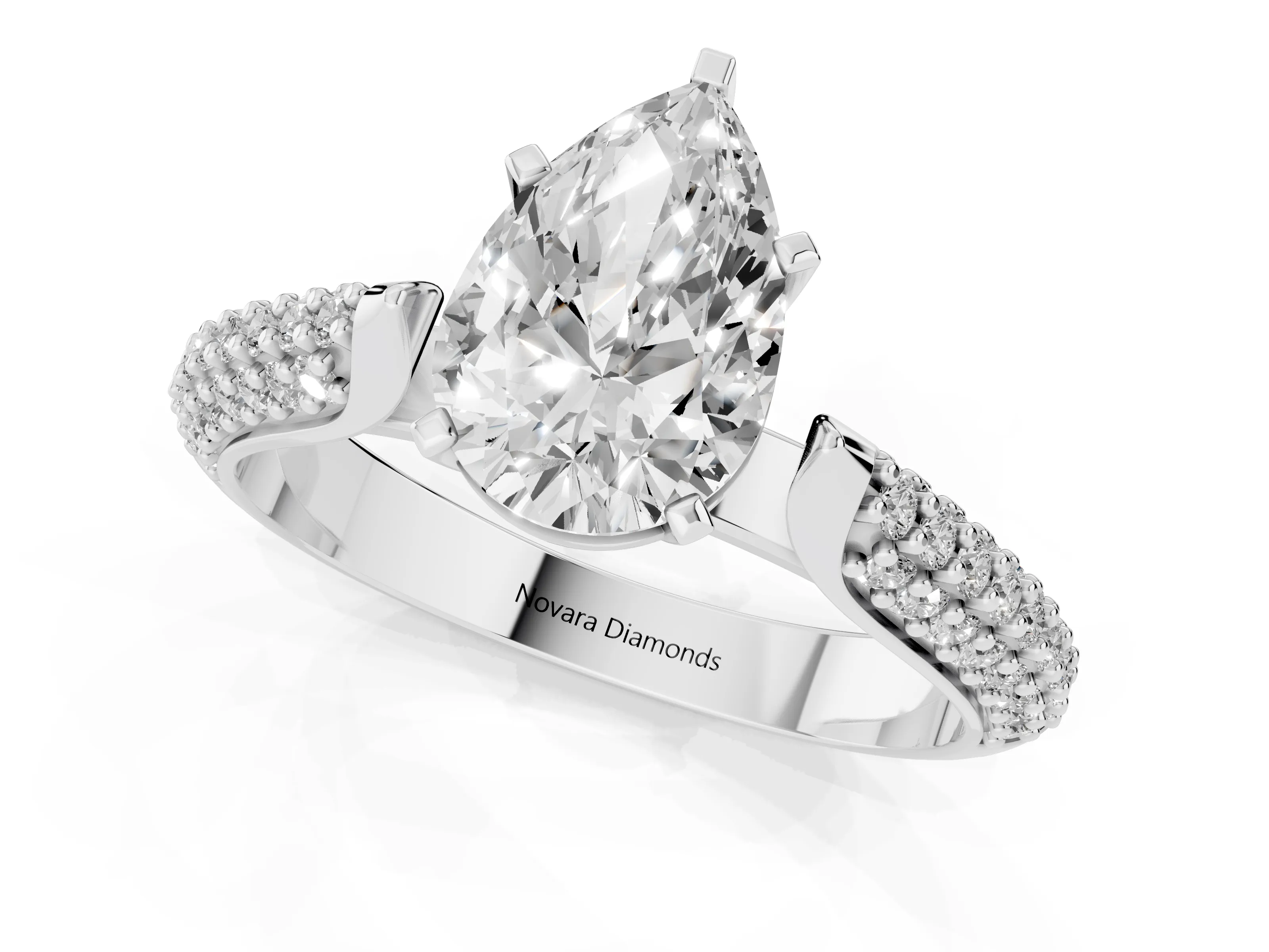 Pear Cut Diamond Solitaire Engagement Ring Set in Platinum with Multi-Row Round Pavé Band and Prong Setting