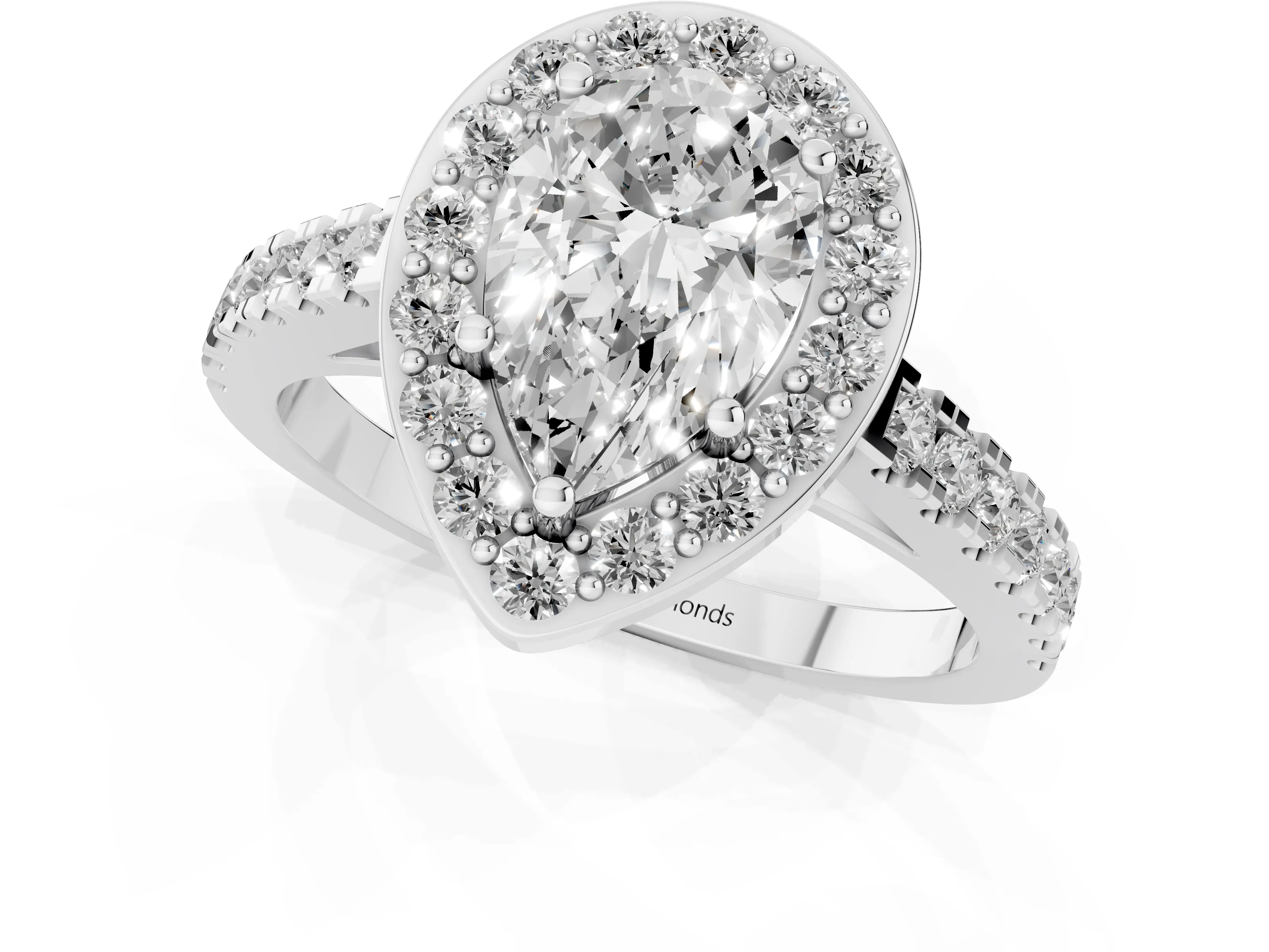 Pear Cut Diamond Halo Ring Set in Silver with Round Pavé Split Shank and Prong Setting