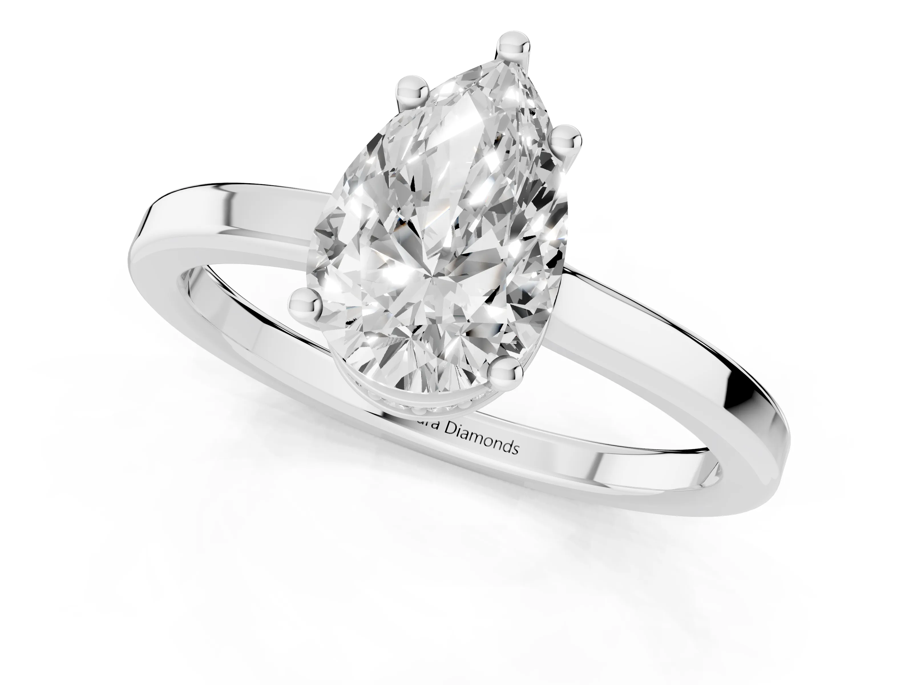 Pear Cut Diamond Solitaire Engagement Ring Set in Platinum with Prong Setting on a Plain Band