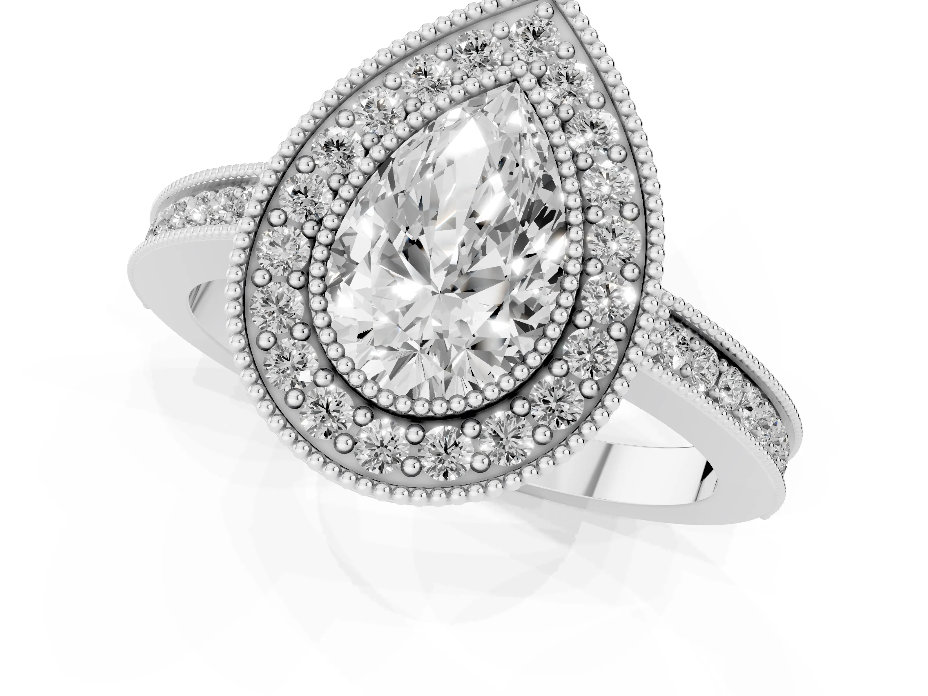 Pear Cut Diamond Halo Ring Set in Platinum with Pavé Band and Milgrain-Edged Prongs