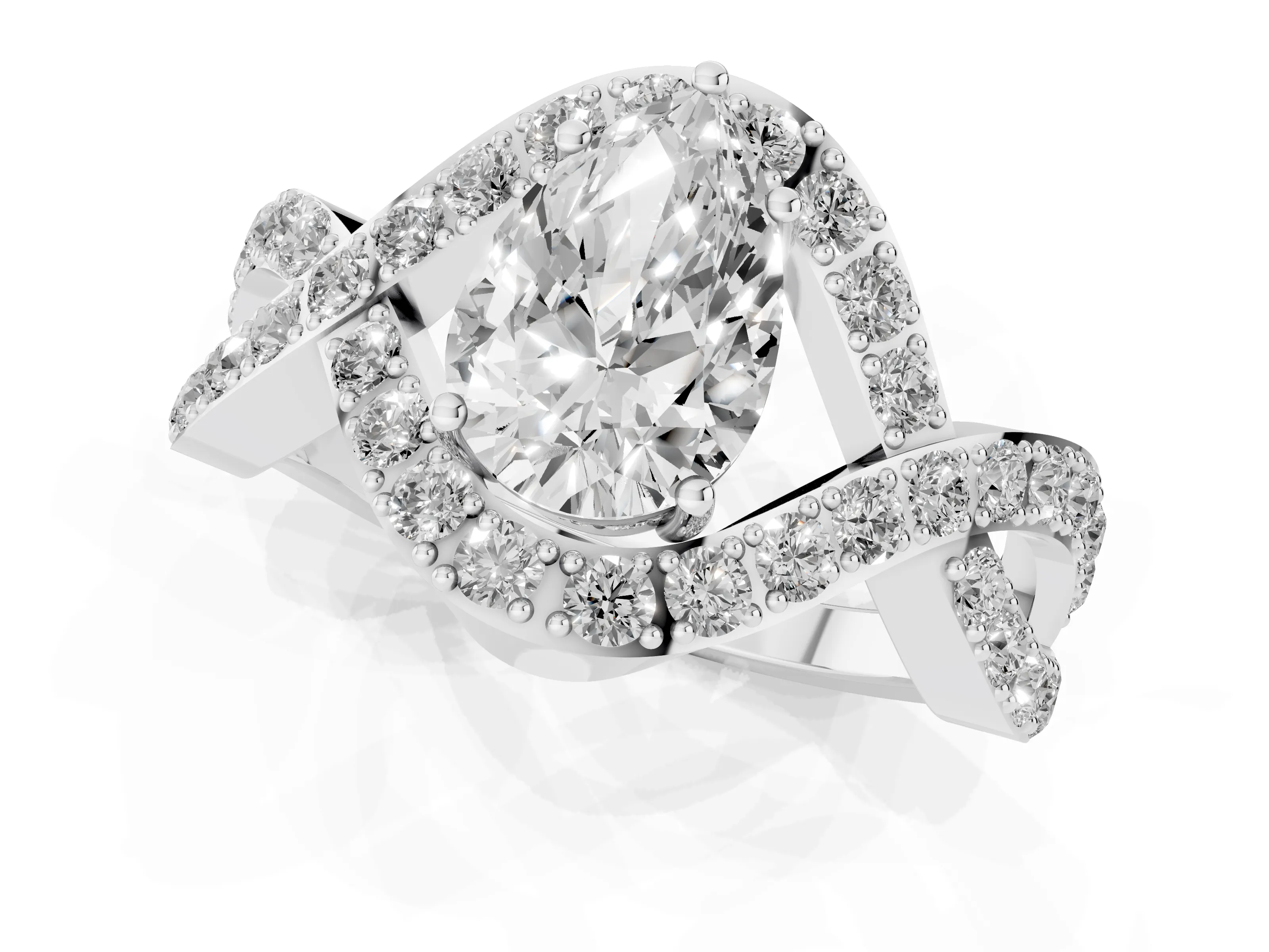 Pear Cut Diamond Solitaire Twist Band Pavé Engagement Ring Set in Platinum