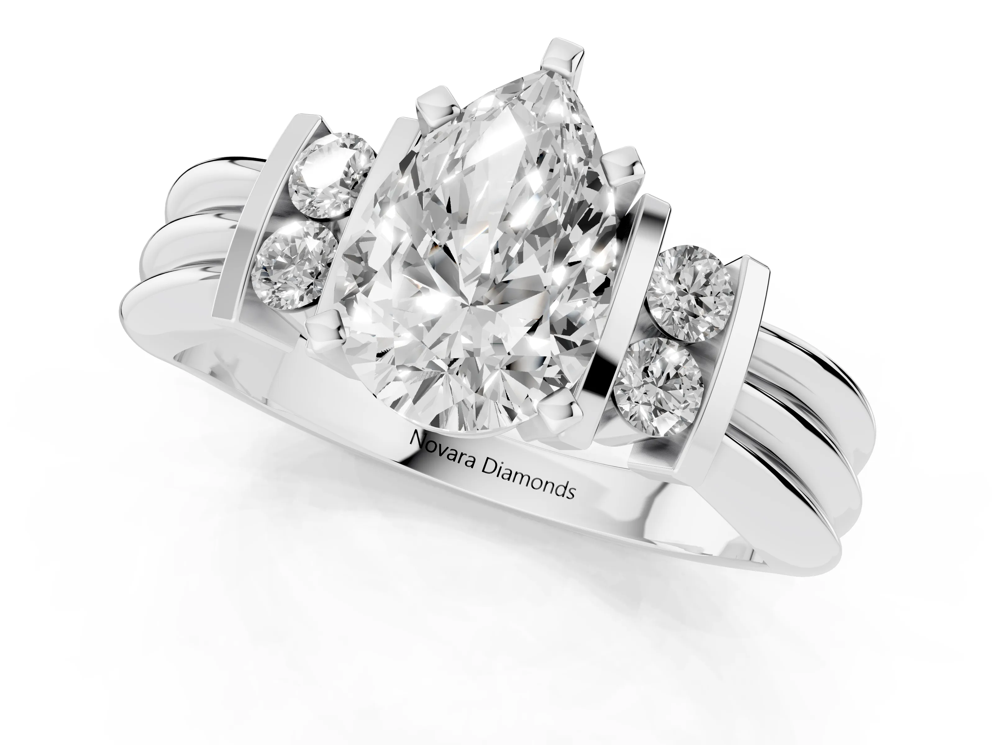 Three-Stone Pear Cut Diamond Channel Set Ring Set in White gold with Bar Prongs