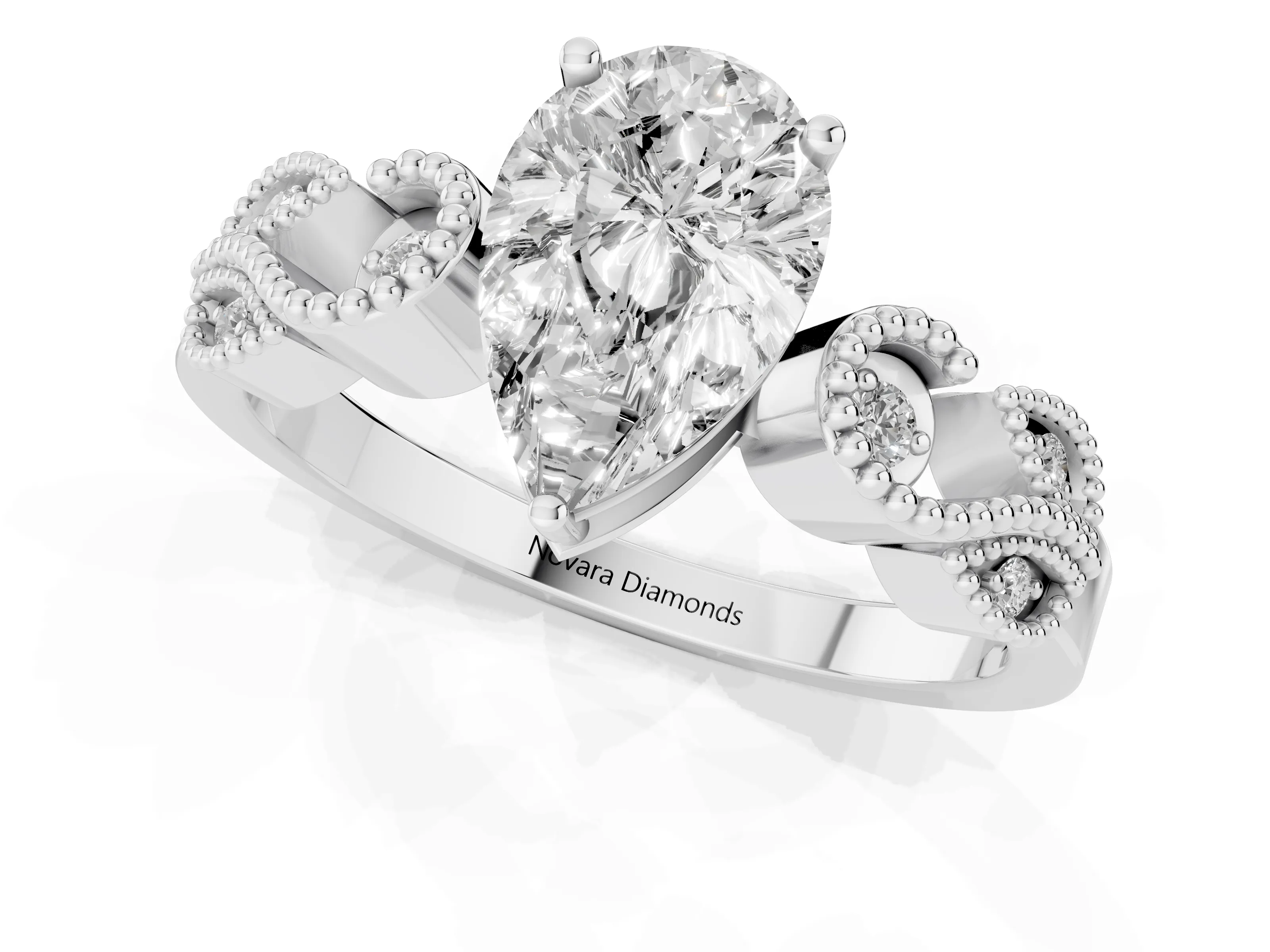 Pear Cut Diamond Milgrain Leaf Band Solitaire Ring Set in White gold with Accent Stones and Prong Setting