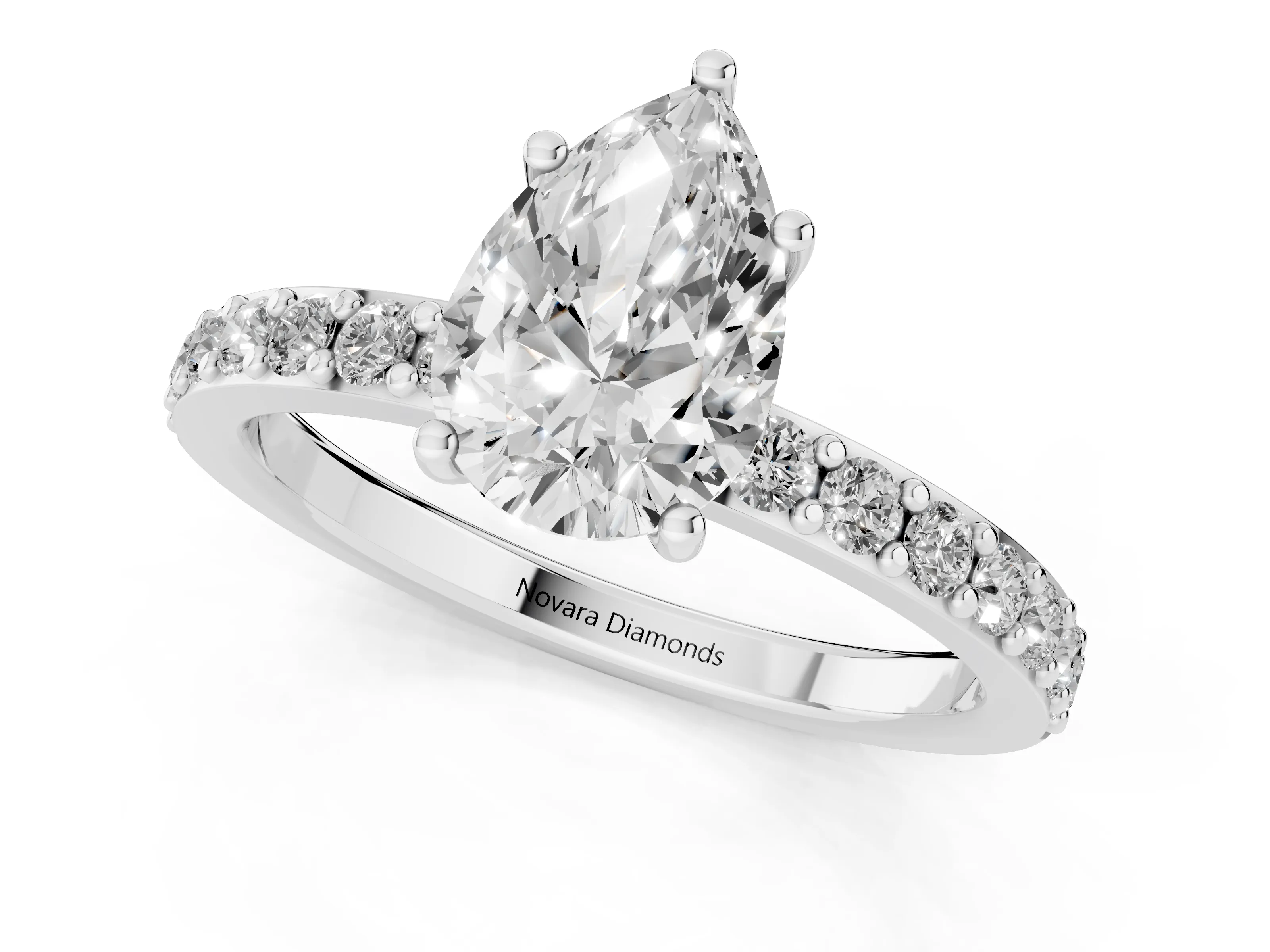 Pear Cut Diamond Solitaire Set in Platinum with Round Pavé Band and Prong Setting – second view