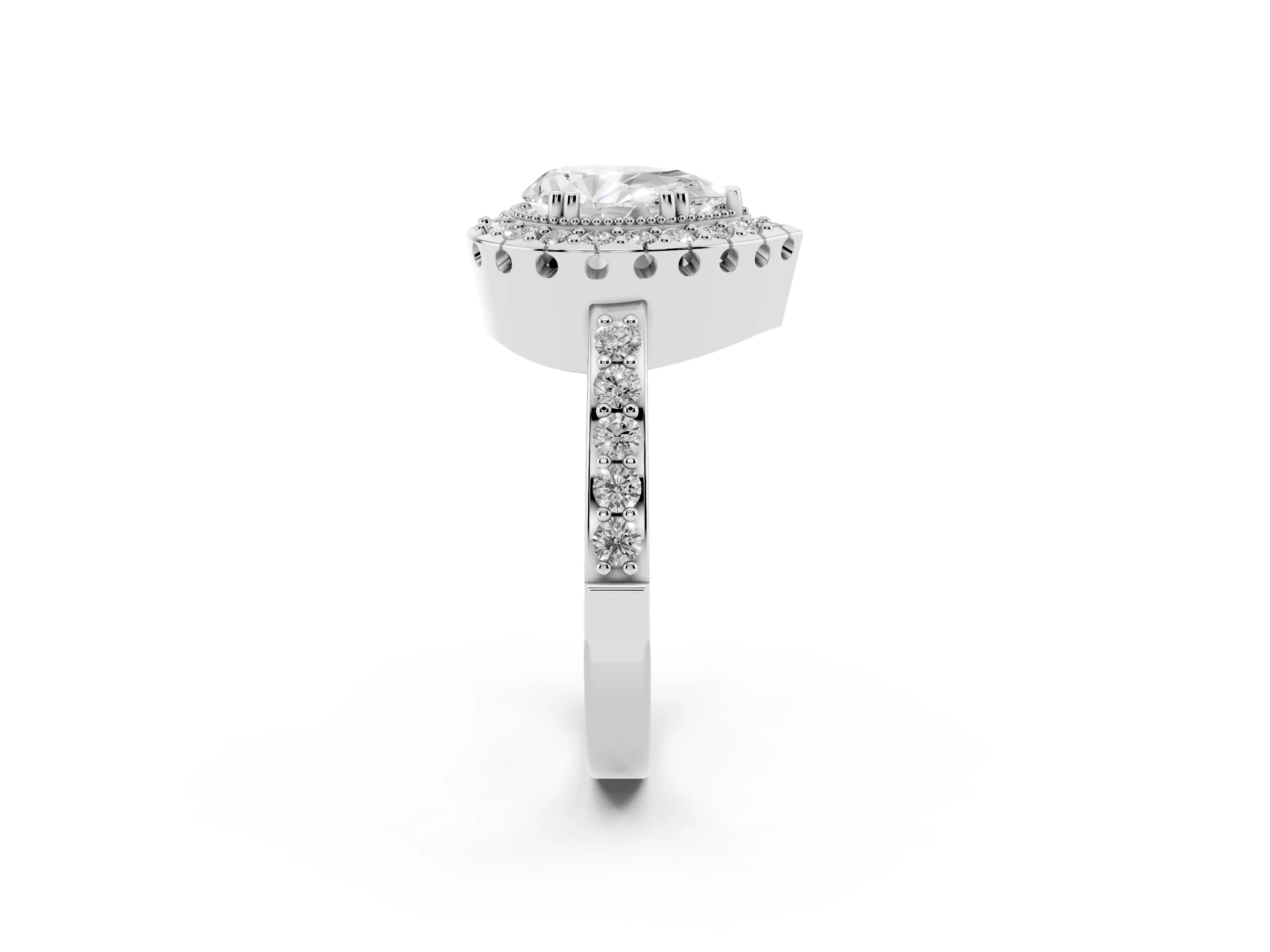 Pear Cut Diamond Halo Ring Set in Platinum with Pavé Shank and Prong Setting
