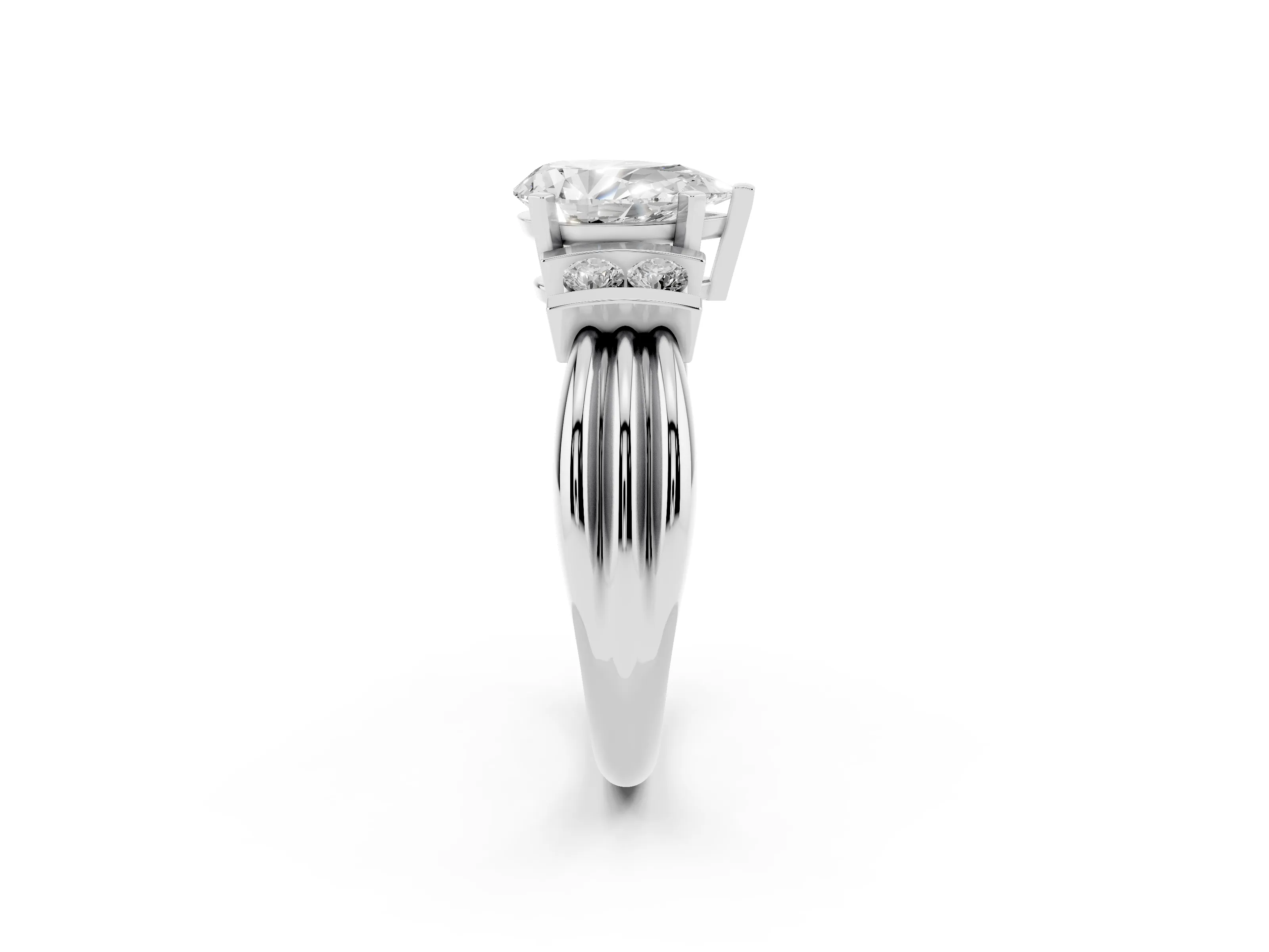 Three-Stone Pear Cut Diamond Channel Set Ring Set in White gold with Bar Prongs