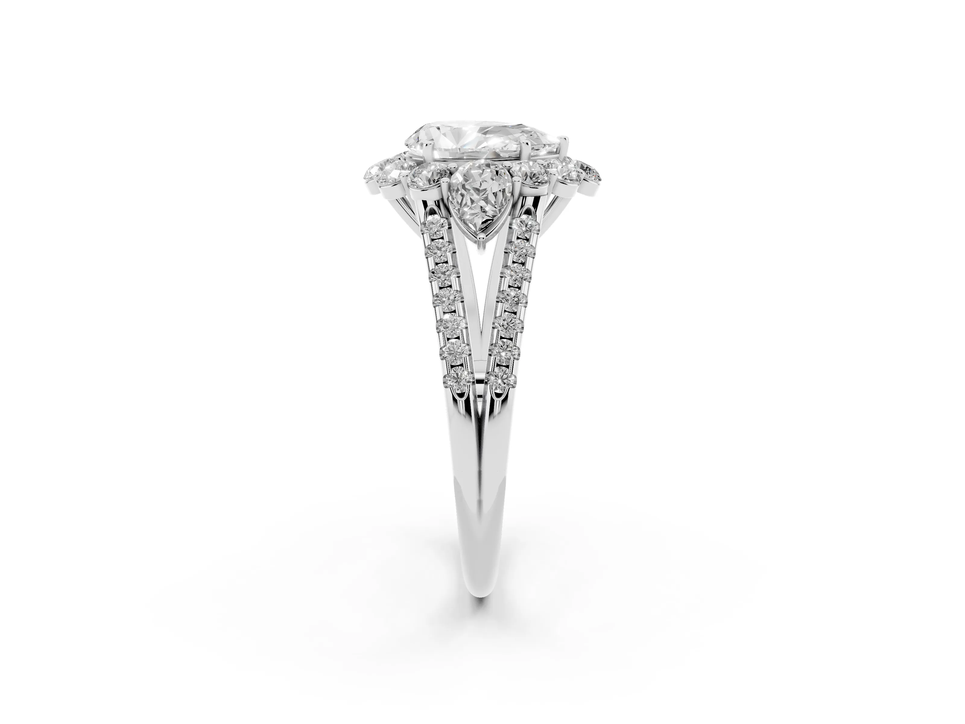 Pear Cut Diamond Halo Split Shank Engagement Ring Set in Platinum with Prong-Held Center Stone