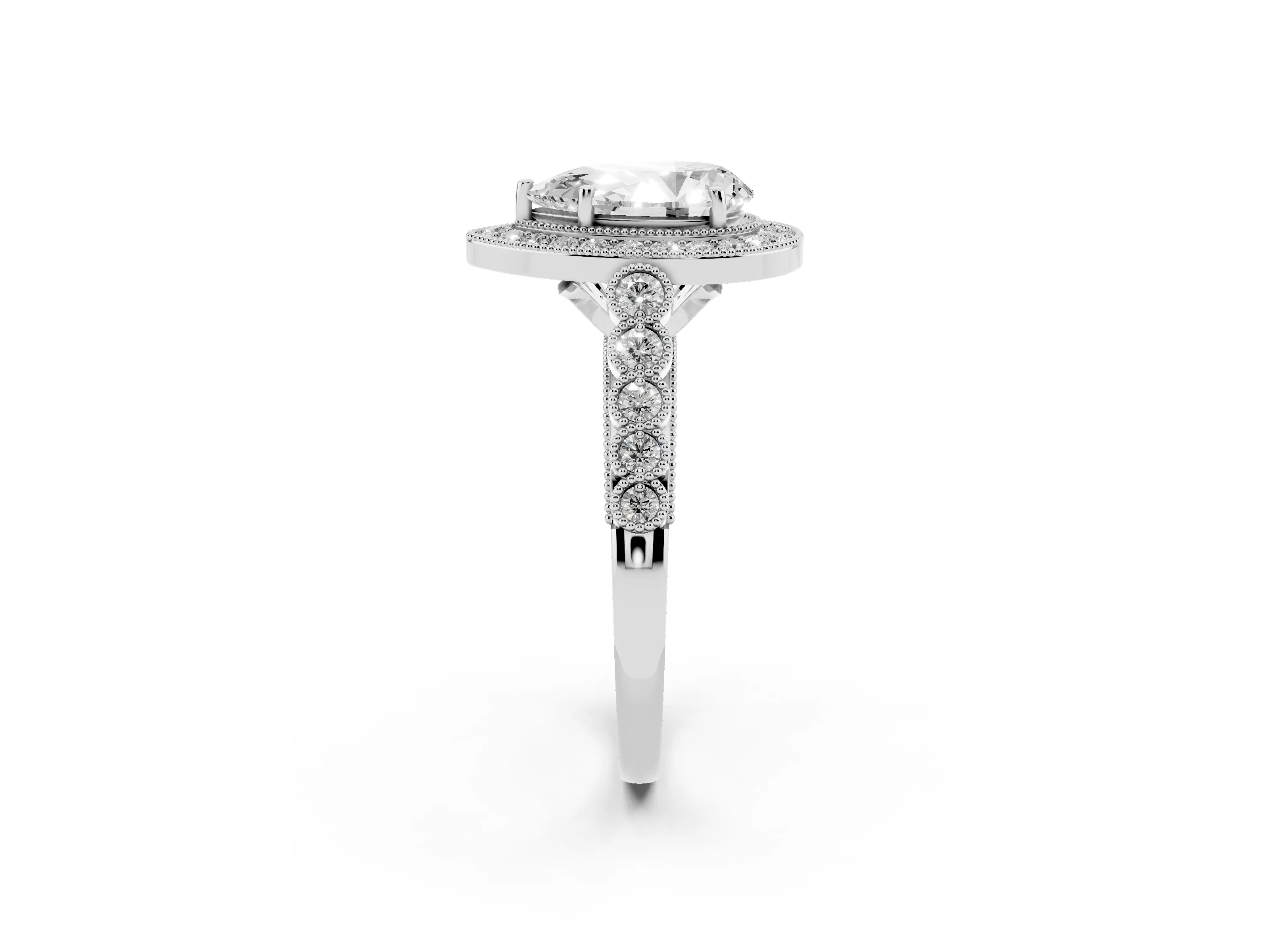 Pear Cut Diamond Milgrain Halo Solitaire Ring Set in White gold with Bezel Set Side Stones and Pavé Band