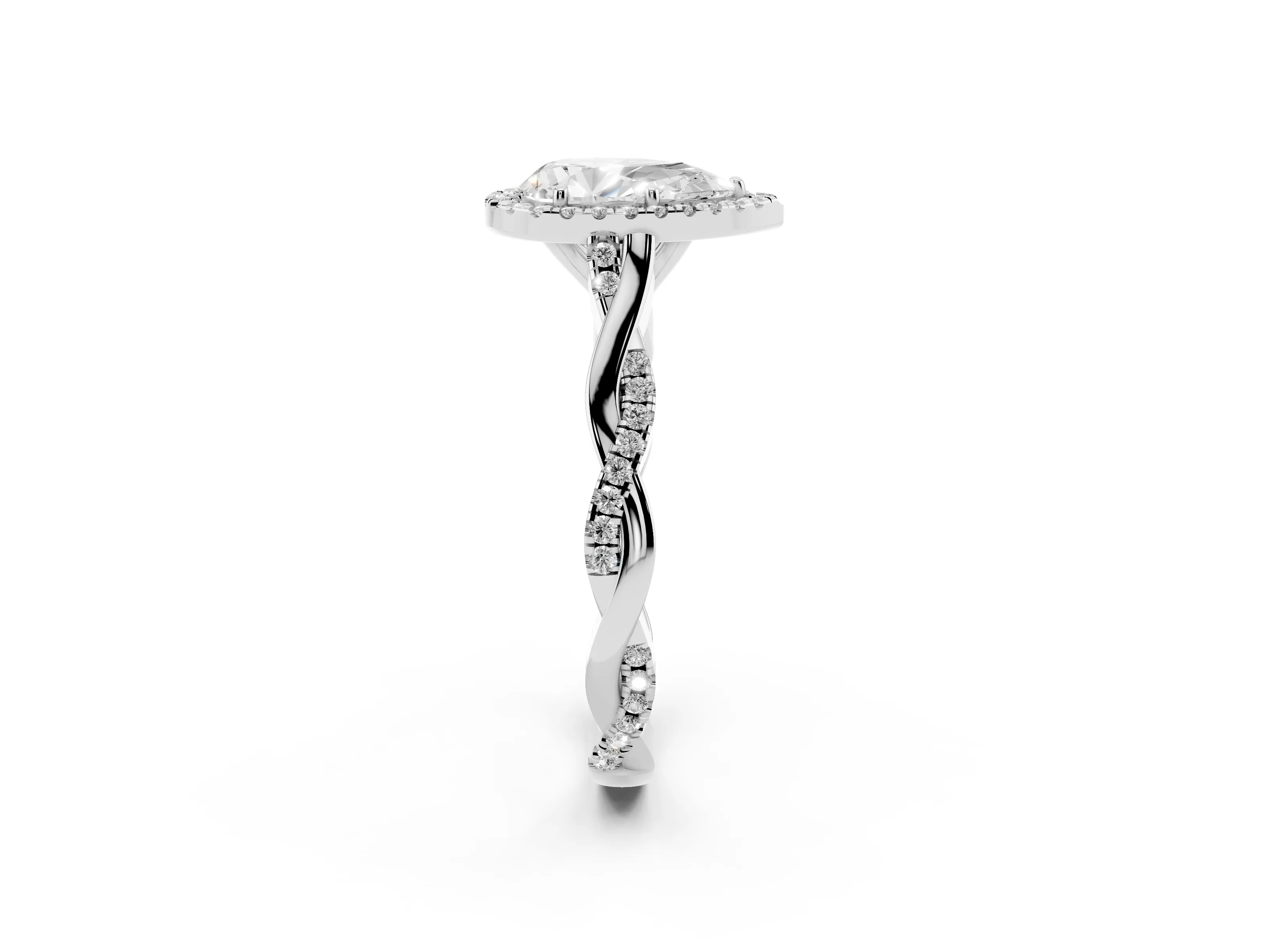 Pear Cut Diamond Halo Twist Band Solitaire Ring Set in White gold with Prong Setting