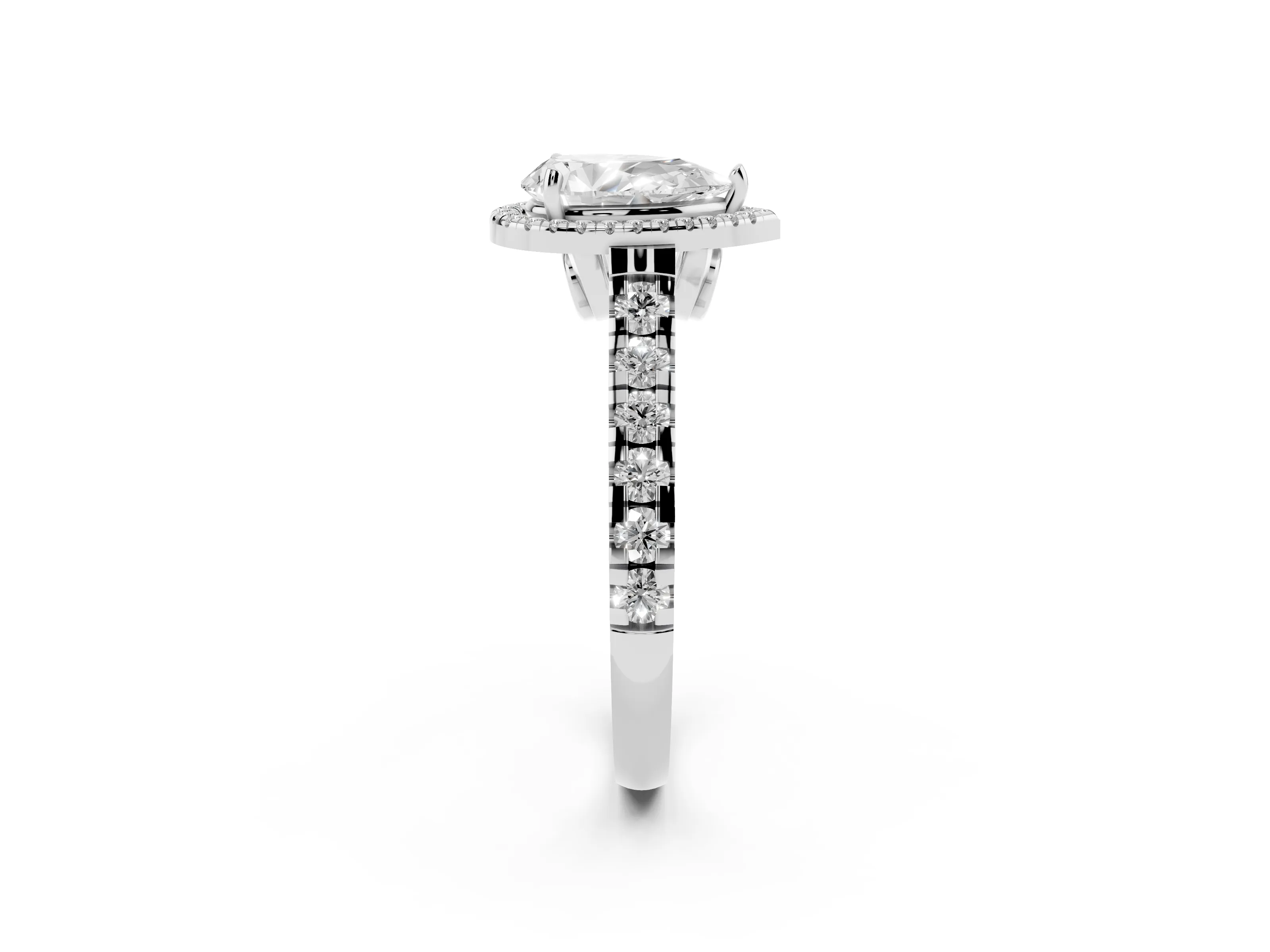 Pear Cut Diamond Halo Engagement Ring Set in White gold with Pavé Band and Prong-Set Center