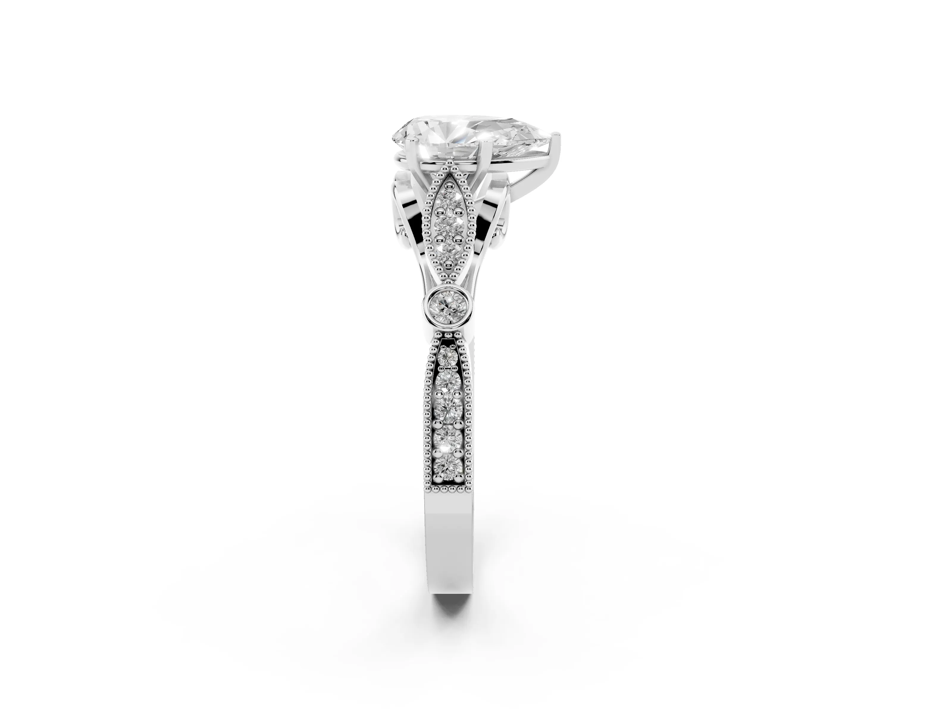Pear Cut Diamond Solitaire Ring Set in Platinum with Milgrain Marquise and Bezel Accents