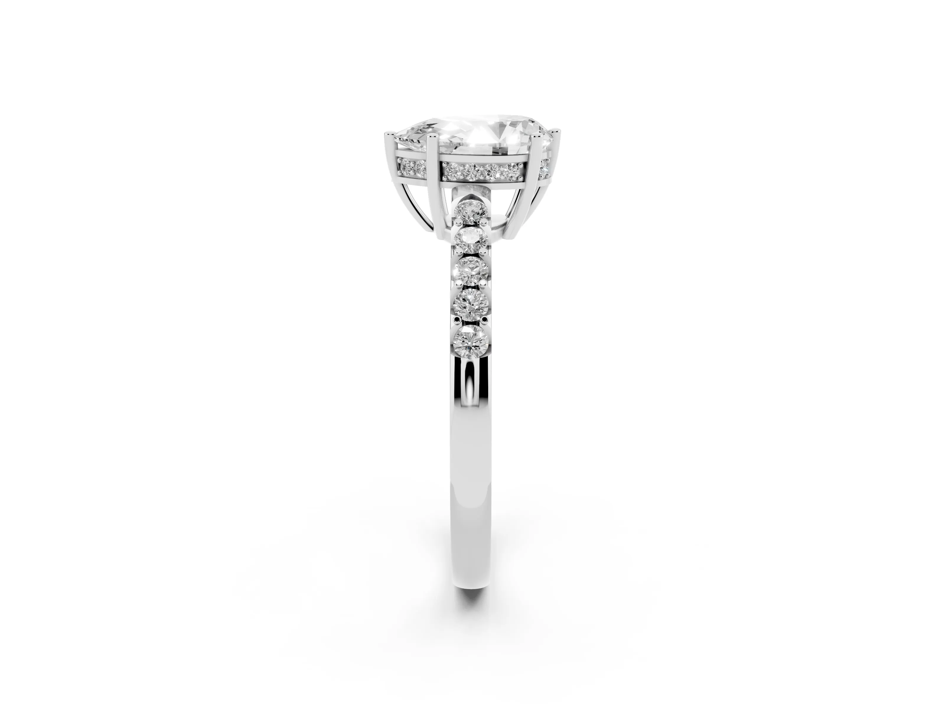 Pear Cut Diamond Solitaire Engagement Ring Set in Platinum with Pavé Band and Prong Setting