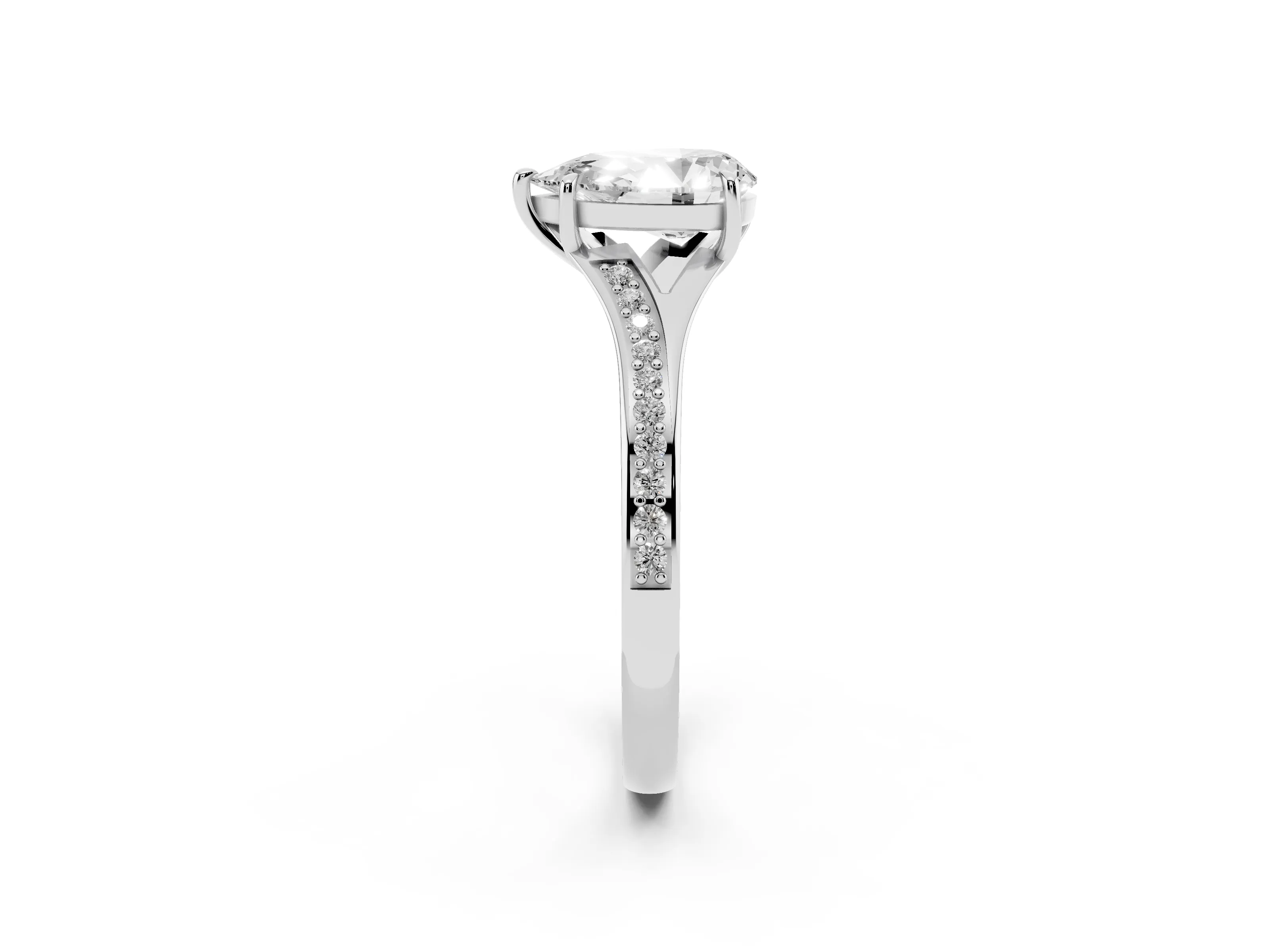 Pear Cut Diamond Solitaire Ring Set in Platinum with Pavé Accent Band and Classic Prong Setting