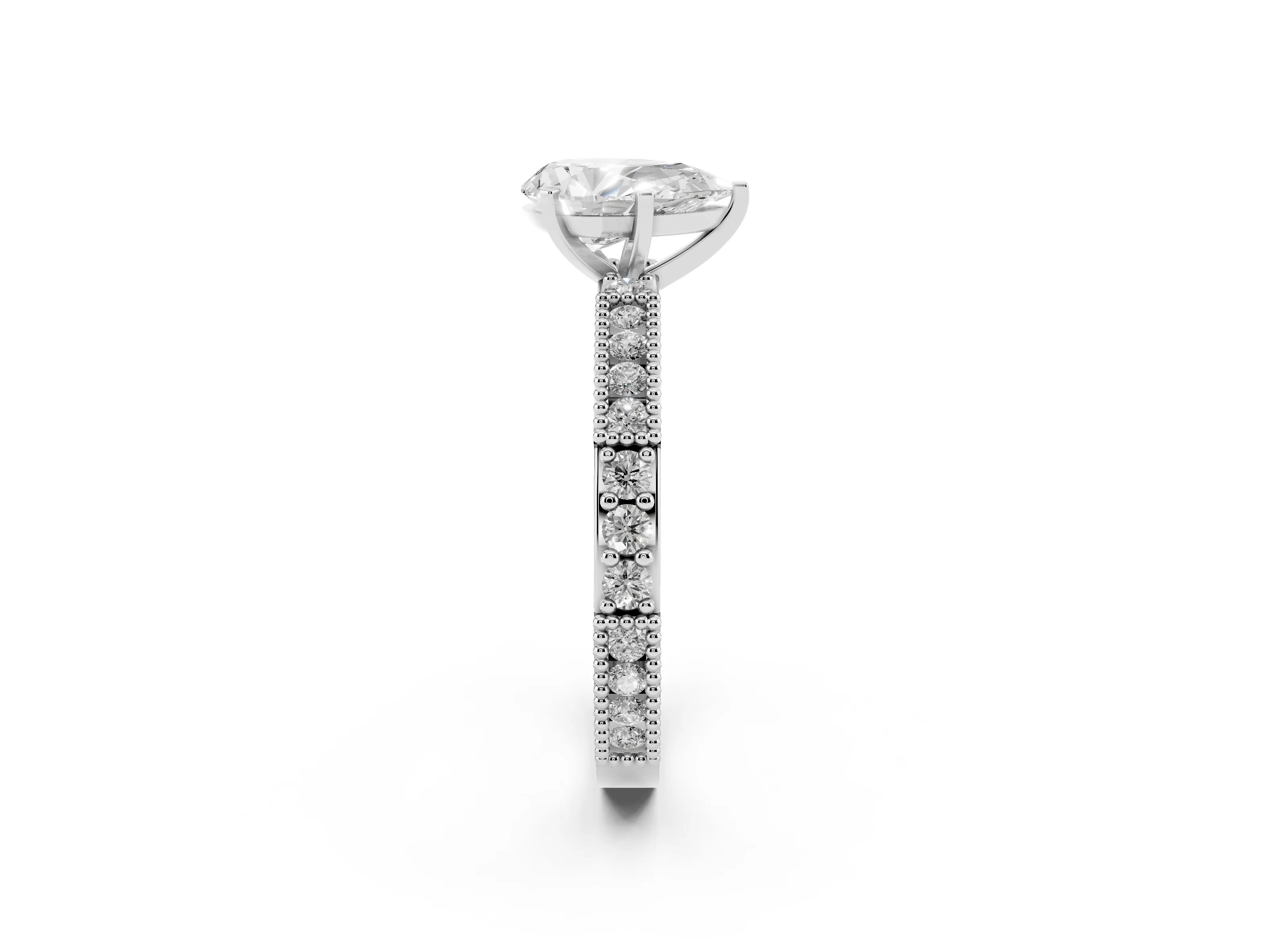 Pear Cut Diamond Solitaire Ring Set in Platinum with Slim Pavé Band and Prong Setting