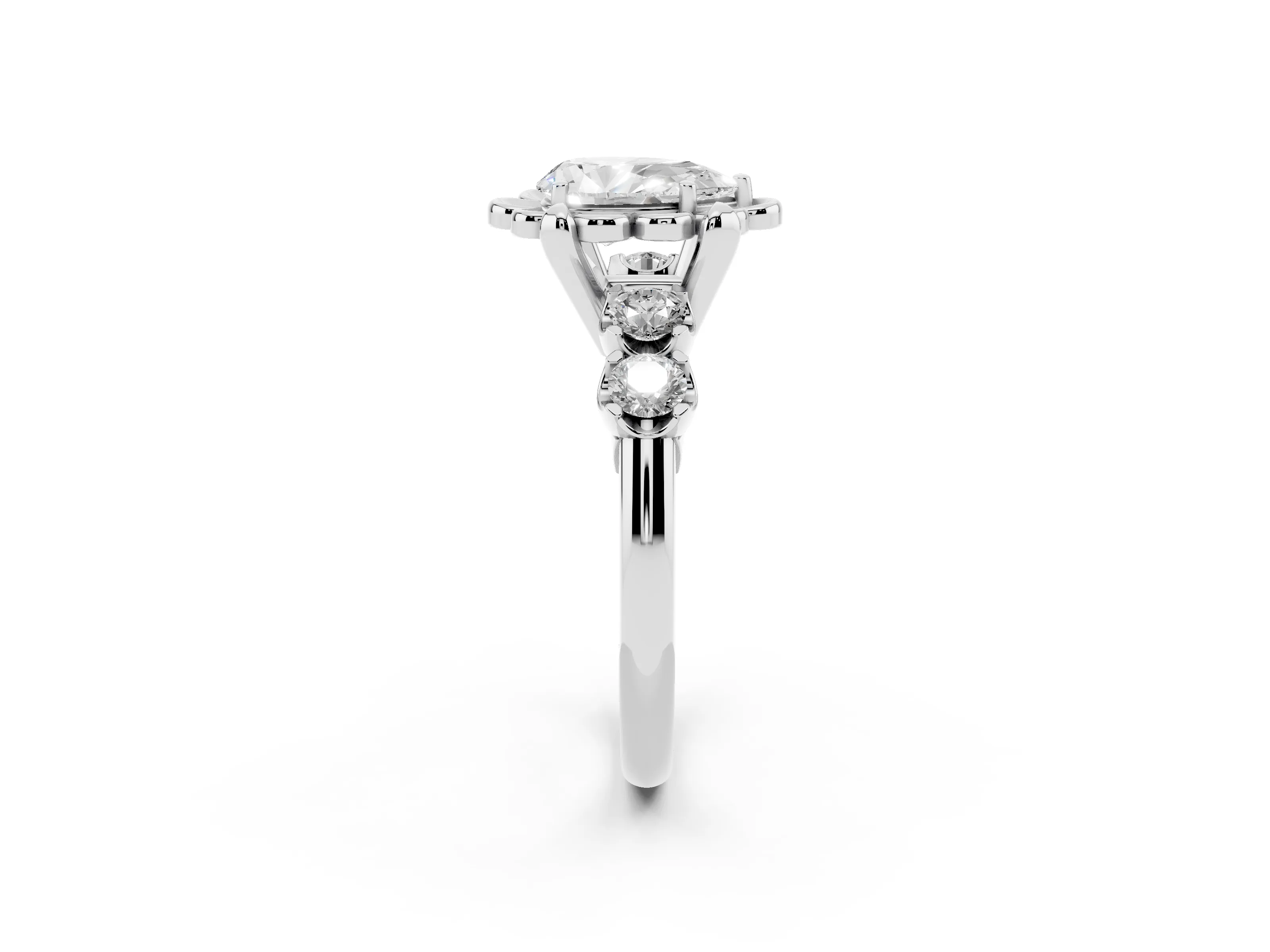 Pear Cut Diamond Floral Halo Ring Set in Silver with Shared Prong Band