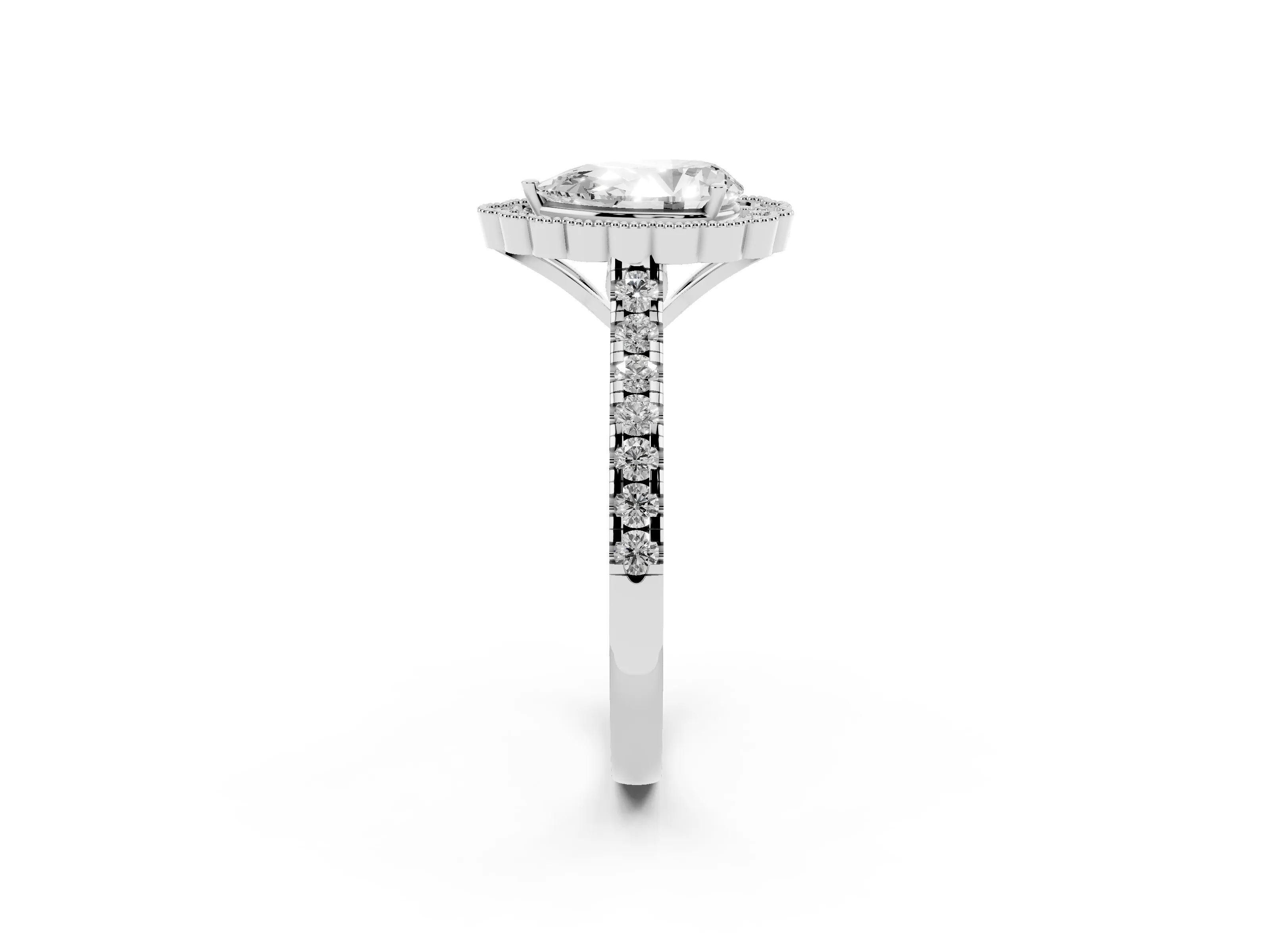 Pear Cut Diamond Milgrain Floral Halo Engagement Ring Set in White gold with Pavé Band