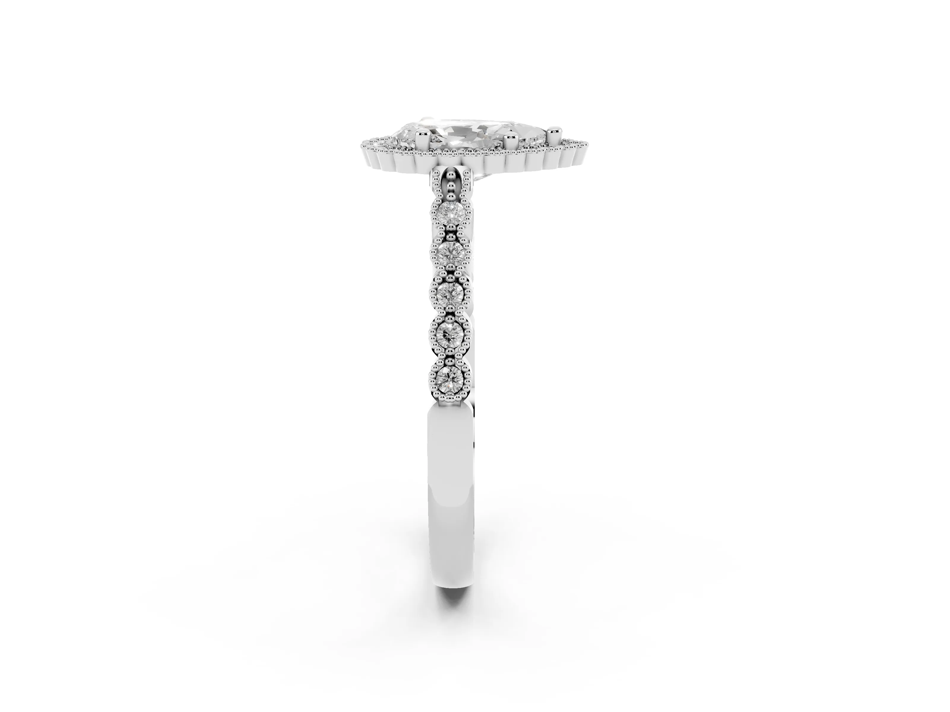 Pear Cut Diamond Halo Ring Set in Platinum with Pavé Milgrain Band