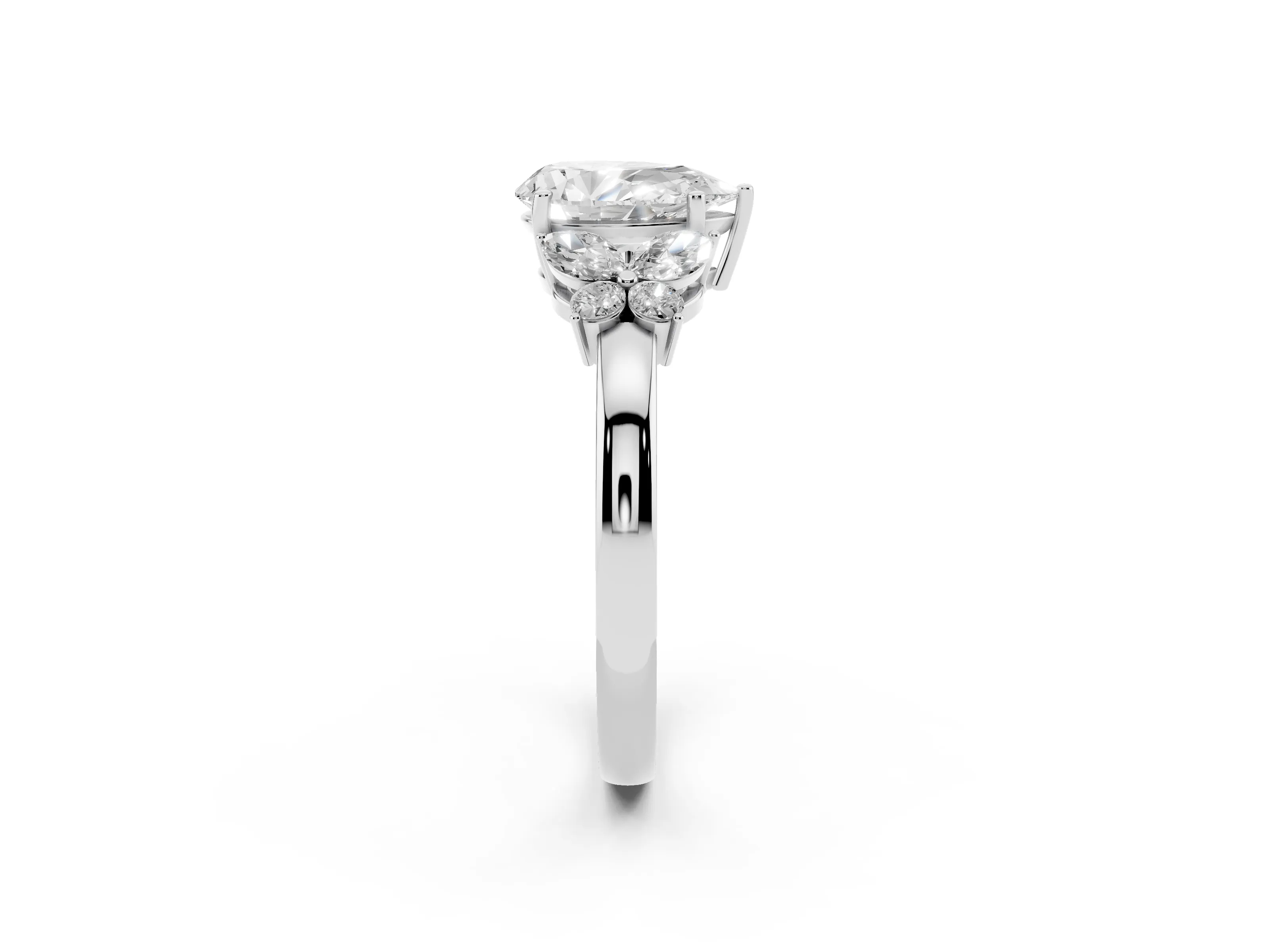 Pear Cut Diamond Solitaire Floral Ring Set in Silver with Marquise Petals and Prong Setting