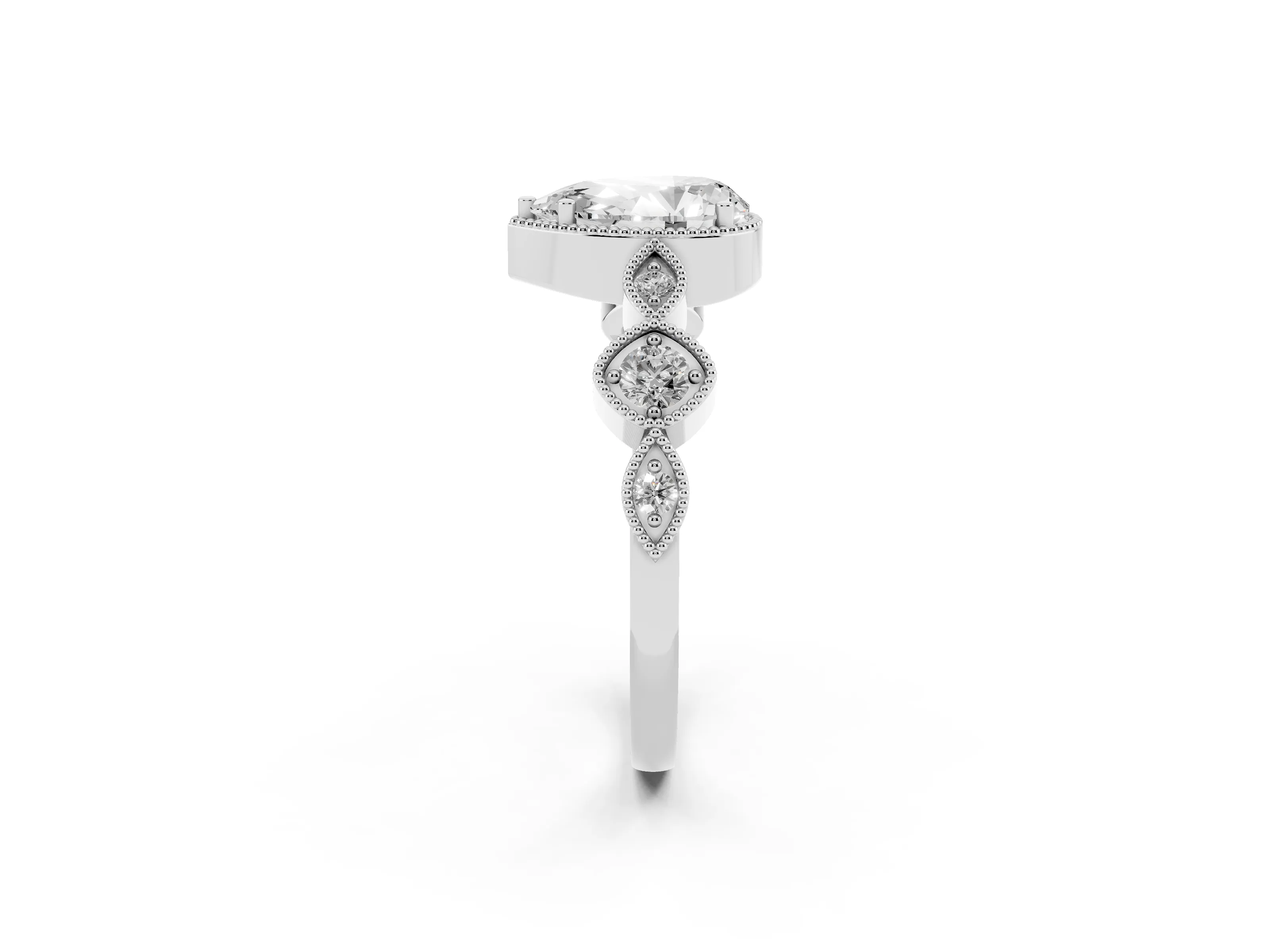 Pear Cut Diamond Vintage-Inspired Milgrain Ring Set in Platinum with Marquise Stations of Round Accents